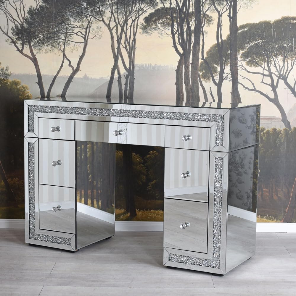 Vintage SCHMINKTISCH Hampton Style – Verspiegelter Schreibtisch mit 7 Schubladen, Glasmöbel, Schminktisch Glamour vic552 Palazzo Exklusiv