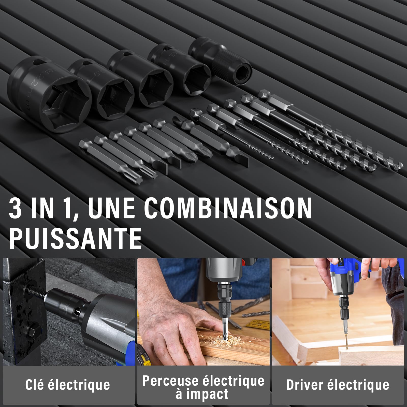 Clé à Chocs Sans Fil Brushless, 550Nm Boulonneuse à Choc Electrique, avec 2 Batterie 4.0Ah, Visseuse à chocs Fréquence d'impact 2500RPM, avec 4 Douilles à Chocs et 12 Accessoires pour Perceuses