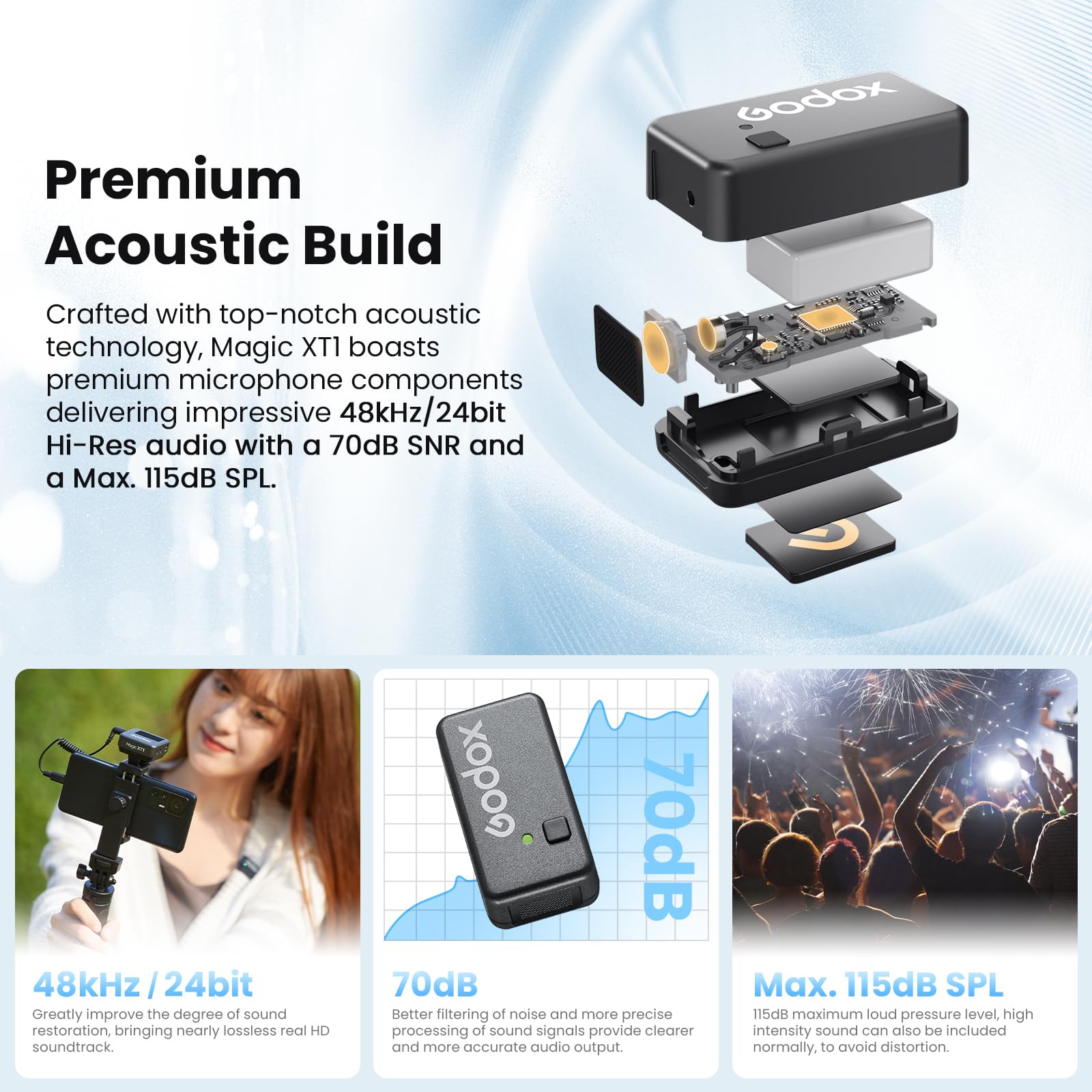 GODOX Magic XT1 - Micrófono inalámbrico de 2.4 G para cámara/smartphone (2TX + 1RX funda de carga), mini micrófono Lavalier con reducción de ruido, duración de la batería de 16 horas, pantalla táctil