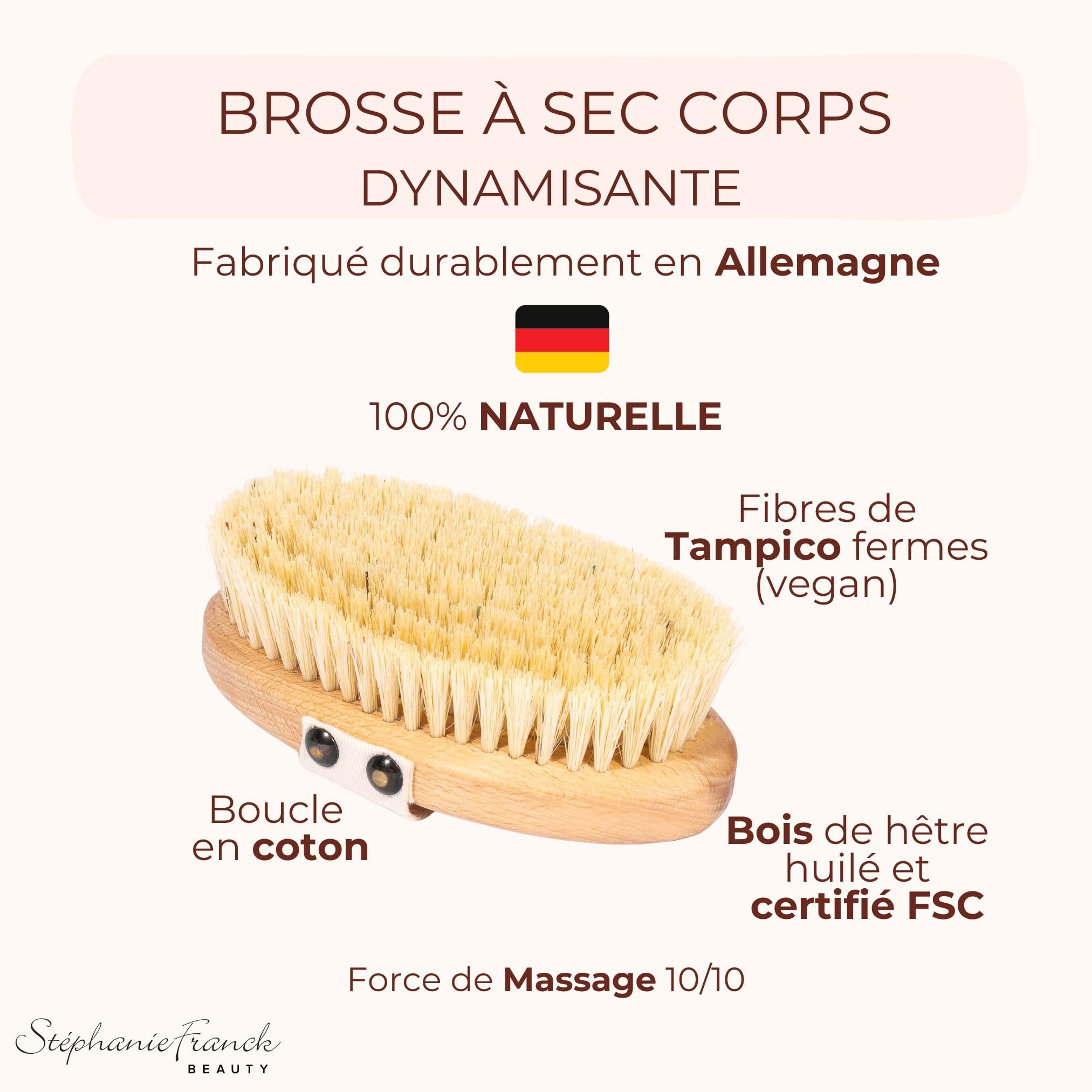 Brosse à Sec Dynamisante Vegan – Dry Brushing Énergisant, Fibres de Tampico Naturelles & Bois FSC – Exfoliation & Raffermissement – Made in Germany