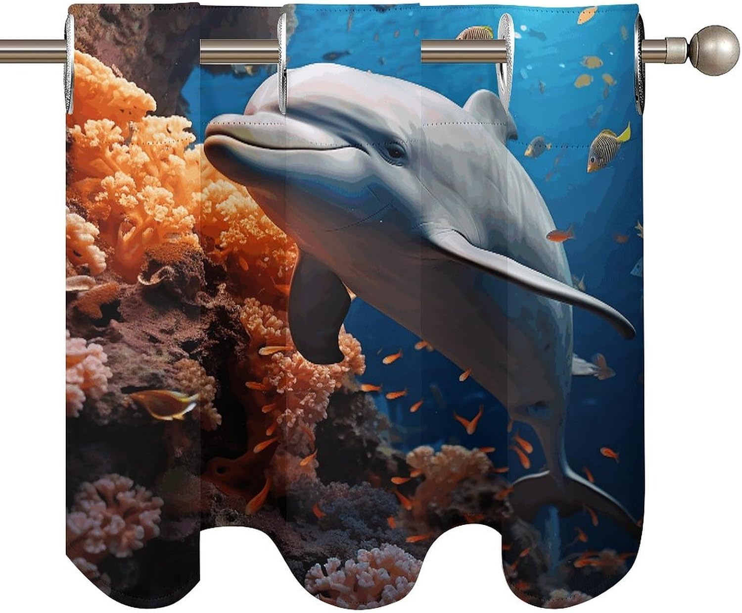 Dolphin On Coral Curtain 2 Panels, Polyester Fiber, Blackout Insulated Window Curtain, Curtain Valance for Kitchen Dining Room Living Room Cafe Small Window 52 * 18.1 Inches