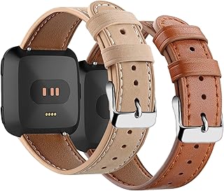 2 Pack Leather Band Compatible with Fitbit Versa 2/Fitbit Versa/Fitbit Versa Lite/Fitbit Versa SE for Women Men, Adjustable Soft Leather Replacement Strap Wristband for Fitbit Versa Smart Watch