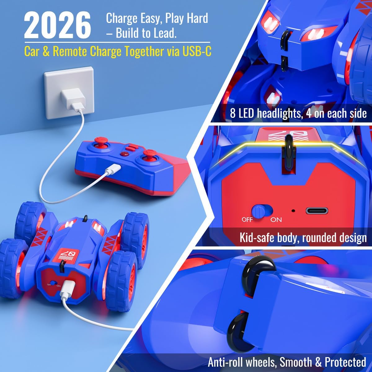 Remote Control Car, Rechargeable RC Cars & Remote Double-Sided Driving 360° Flips Rotating 2.4Ghz 4WD All Terrain Stunt Race Car Toy Christmas Birthday Gift for Kids Boys 3-12