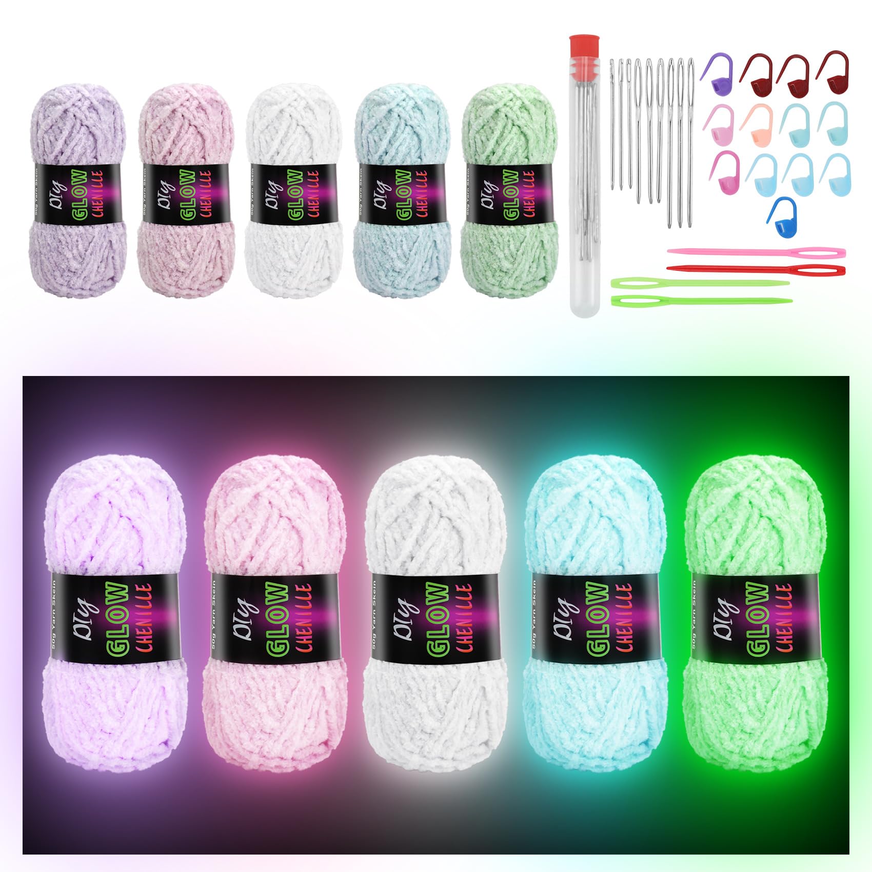 Micvtve 5 Roll Glow in The Dark Yarn 4x50g(70m/Skein) Crochet Yarn Glow Set with 9 Weaving Needles 12 Locking Knitting Markers 4 Crochet Hooks Fingering Sewing Supplies