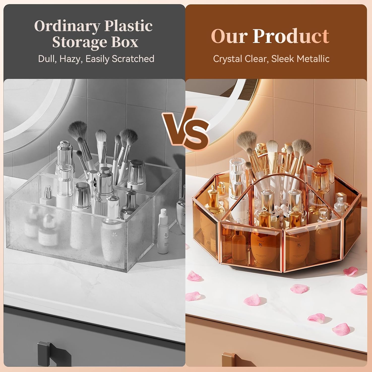 360° Rotating Makeup Organizer Spinning Vanity Organizer with Makeup Brush Holder for Countertop, Bathroom Storage, Skincare, Perfume & Cosmetic Organizer for Vanity Amber