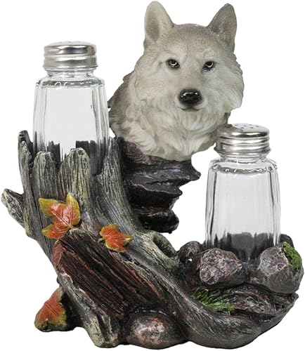 Miniatura 3 de Ebros Gift Full Moon Lone Alpha Grey Wolf - Salero y pimentero, decoración de 6.5 pulgadas de alto, rústico, vida silvestre, bosques, lobos,