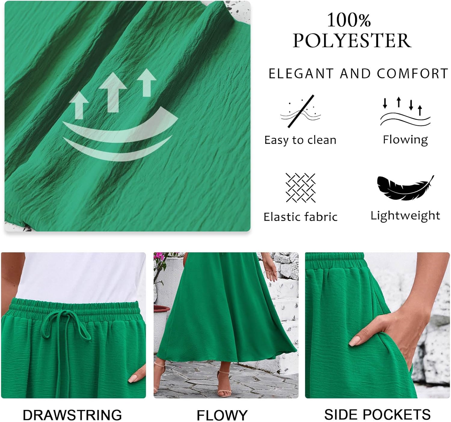 Aodemo Women's Flowy Maxi Skirt Summer Boho Pleated Elastic Waisted Casual Beach Long Skirts with Pockets - Image 4