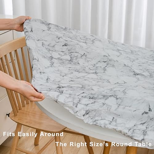 Miniatura 5 de LIBERECOO Mantel redondo de vinilo ajustable con reverso de franela con borde elástico, mantel de plástico color mármol blanco, mantel impermeable
