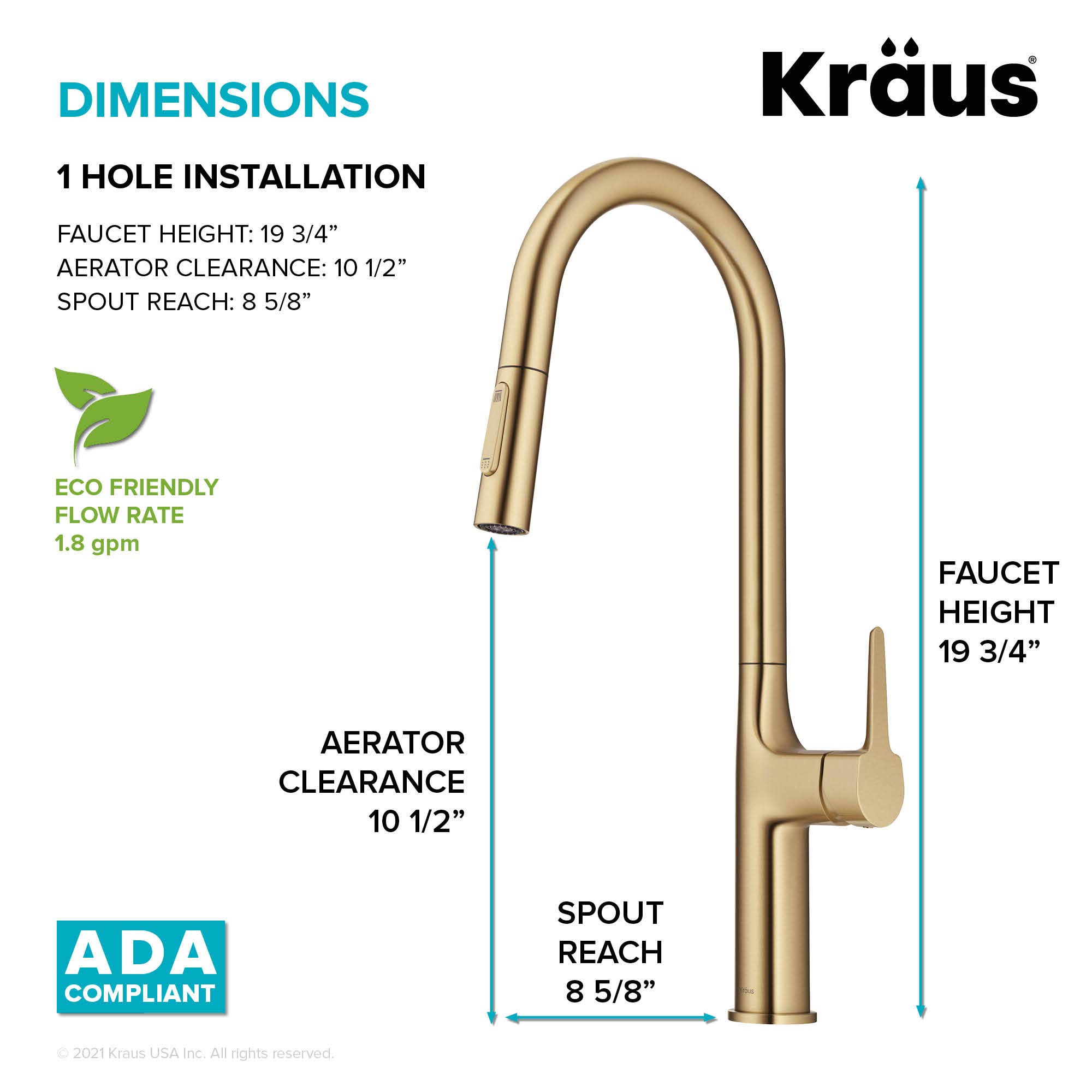 Kraus KPF-3101BG Oletto Modern Pull-Down Single Handle Kitchen Faucet, 19.5 inch, Brushed Gold