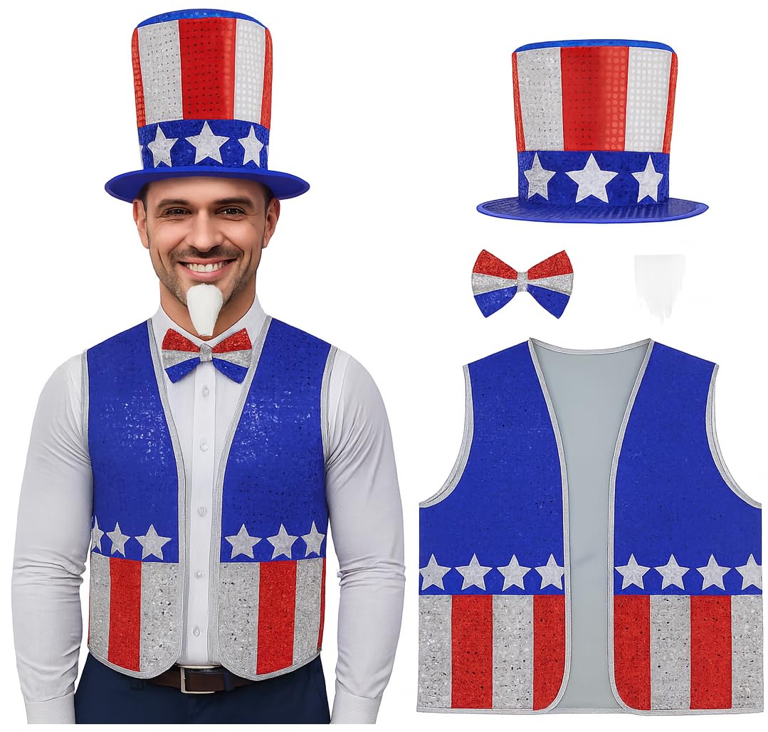 Patriotic Uncle Sam Costume Set for Adults Deluxe Sequin Top Hat American Flag Vest Bowtie & White Beard Red White Blue 4th of July Parade Outfit for Men Women