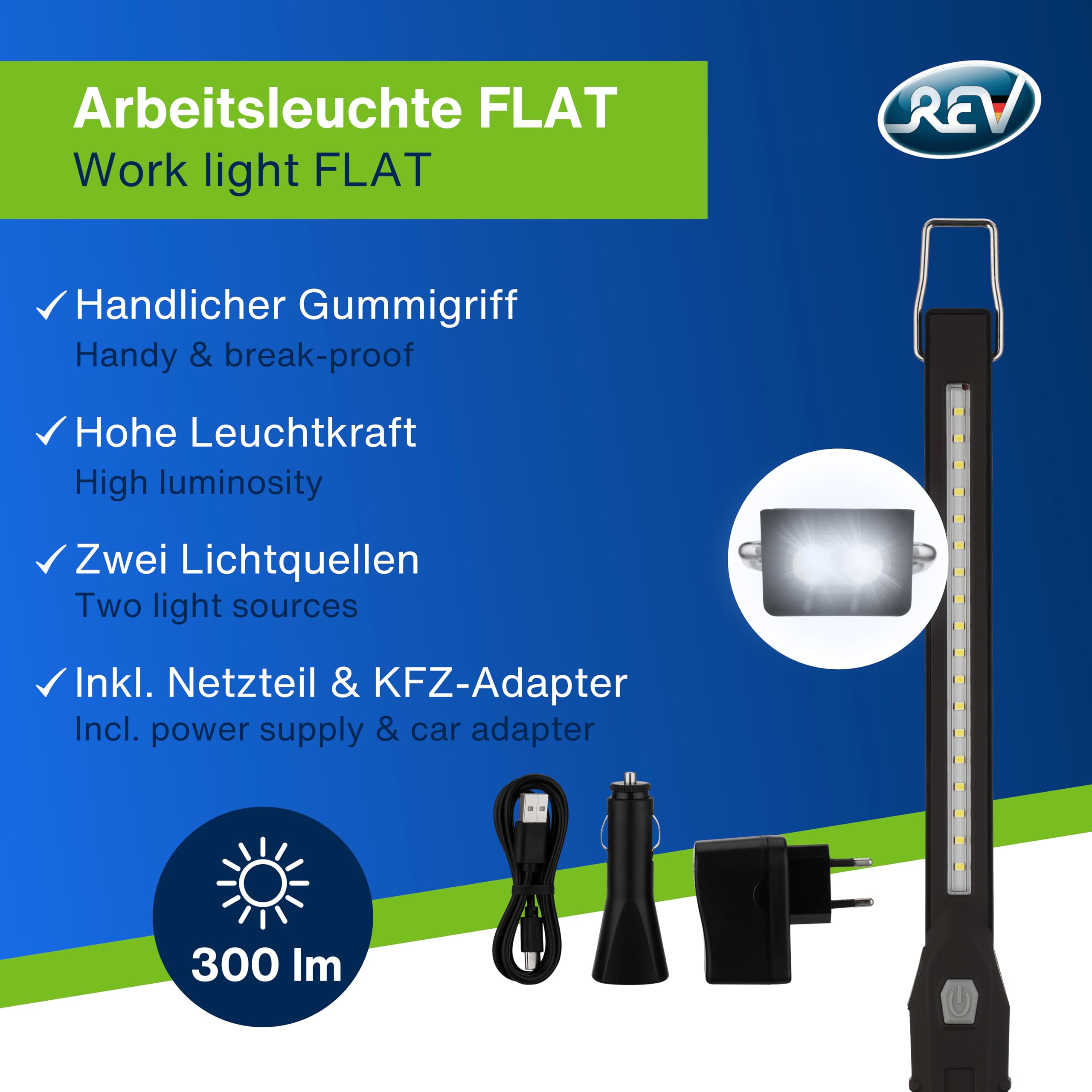 REV LED Arbeitsleuchte - Kompakte Akku Handlampe mit klappbarem Standfuß & Aufhängehaken, Inspektionslampe - ideal für Werkstatt & KFZ, grau