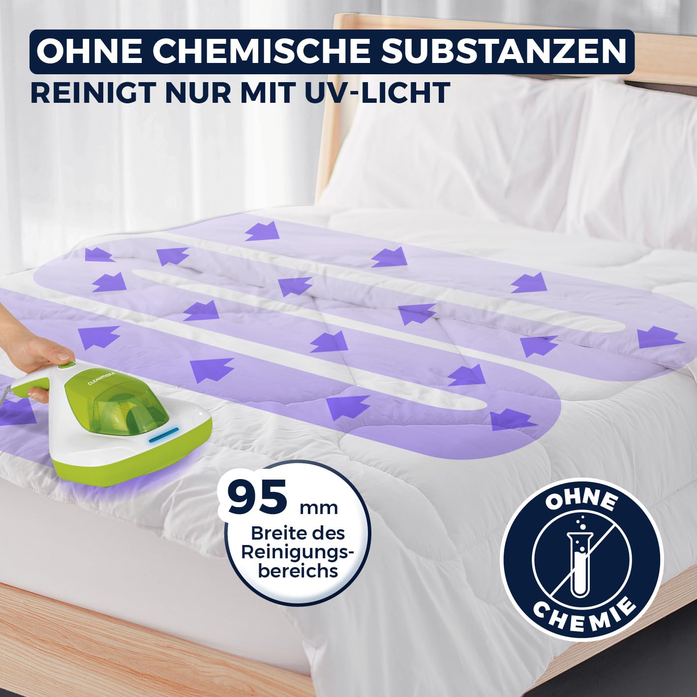 CLEANmaxx Milbensauger für Matratzen mit UV-C-Licht | Matratzenreiniger mit HEPA-Filter, entfernt 99,9% Aller Milben | Matratzensauger mit Ultraschall, Hitze & Vibration