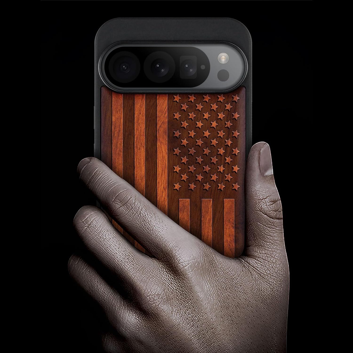 Carveit Wood Case for Pixel 9 Pro Case [Natural Wood & Black Soft TPU] Shockproof Protective Unique Wooden Cover Compatible with Google Pixel 9 Pro (American Flag-Rosy)