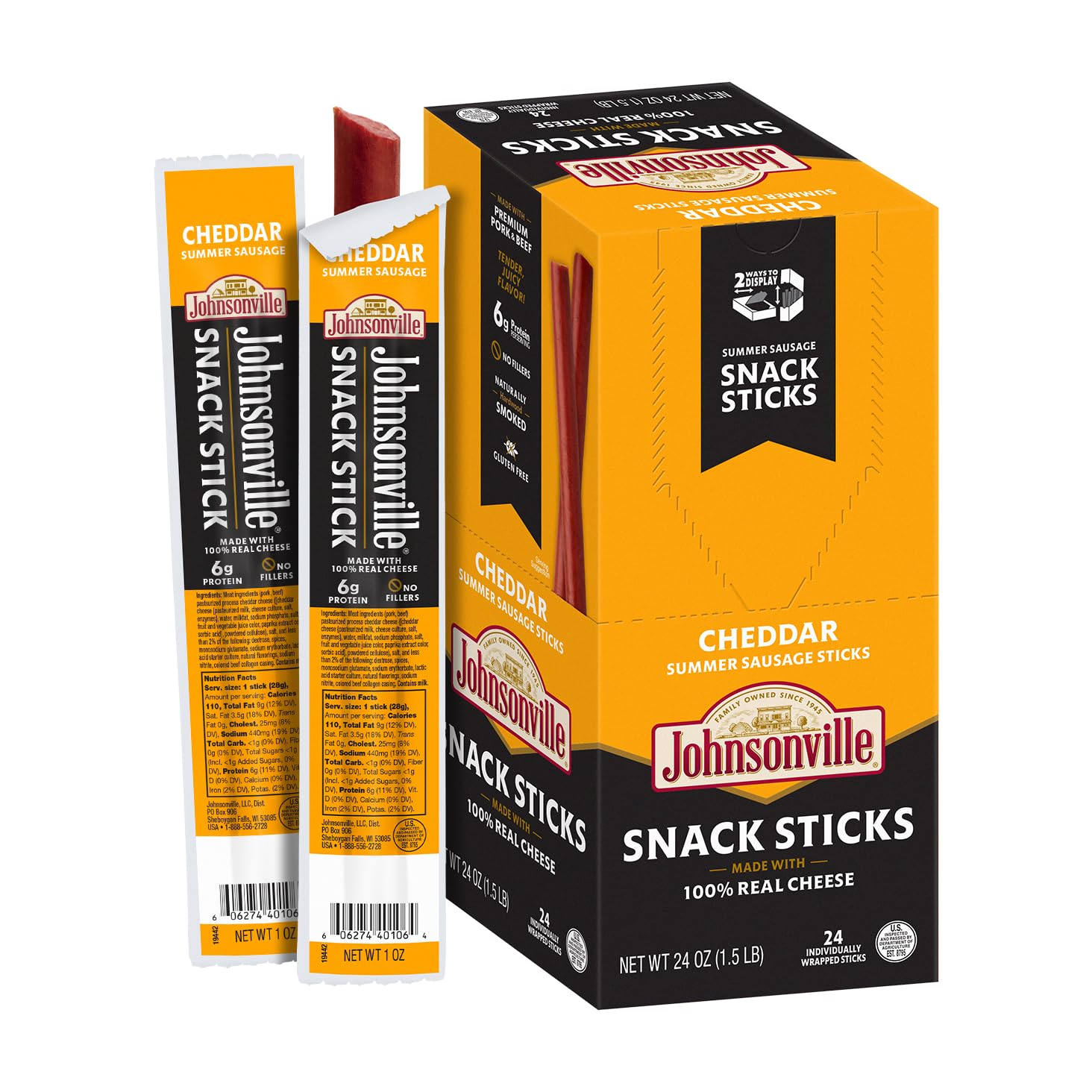 Johnsonville Summer Sausage Snack Sticks - Gluten Free Protein Snacks, Jerky Snack Packs - Cheddar, 1 oz., 24-Pack