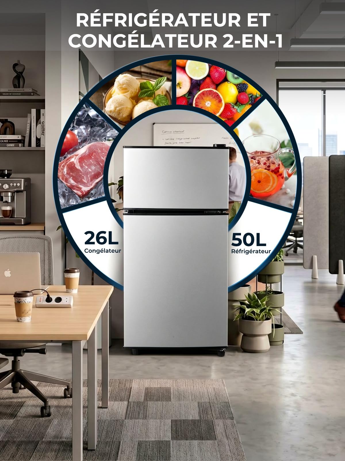 FOHERE Mini Réfrigérateur avec Congélateur 76L, Petit Frigo Silencieux 2 Portes (50L+26L) pour Chambre Universitaire et Studio, Mini Bar Autonome Économe en Énergie pour Boisson et Glaçons, 43dB