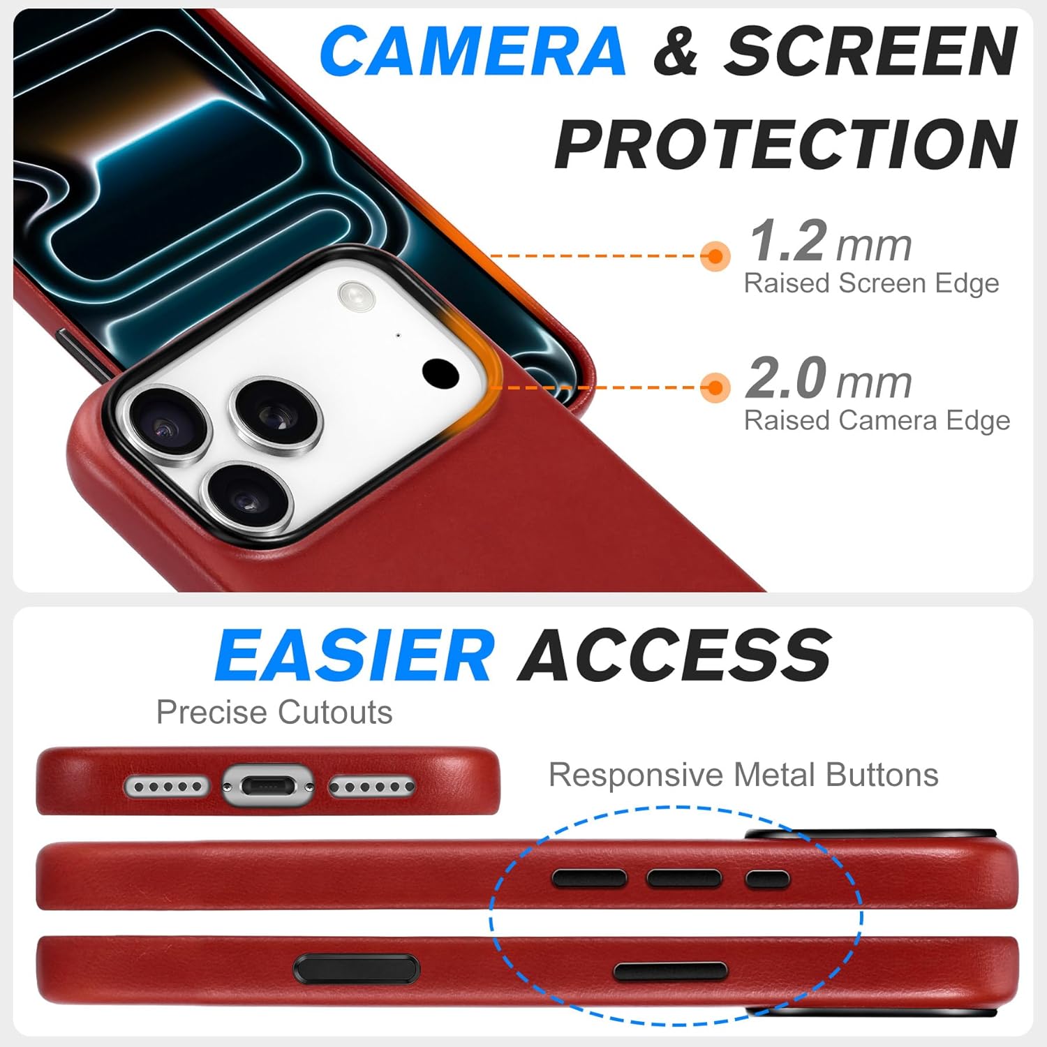 SHIELDON Genuine Leather Case for iPhone 17 Pro Max 6.9 Inch 2025, [Updated Camera Button], Magnetic Wireless Charging, Slim Fit, Non-Slip, Anti-Scratch, Shockproof Protective Phone Cover - Retro Red - Image 7