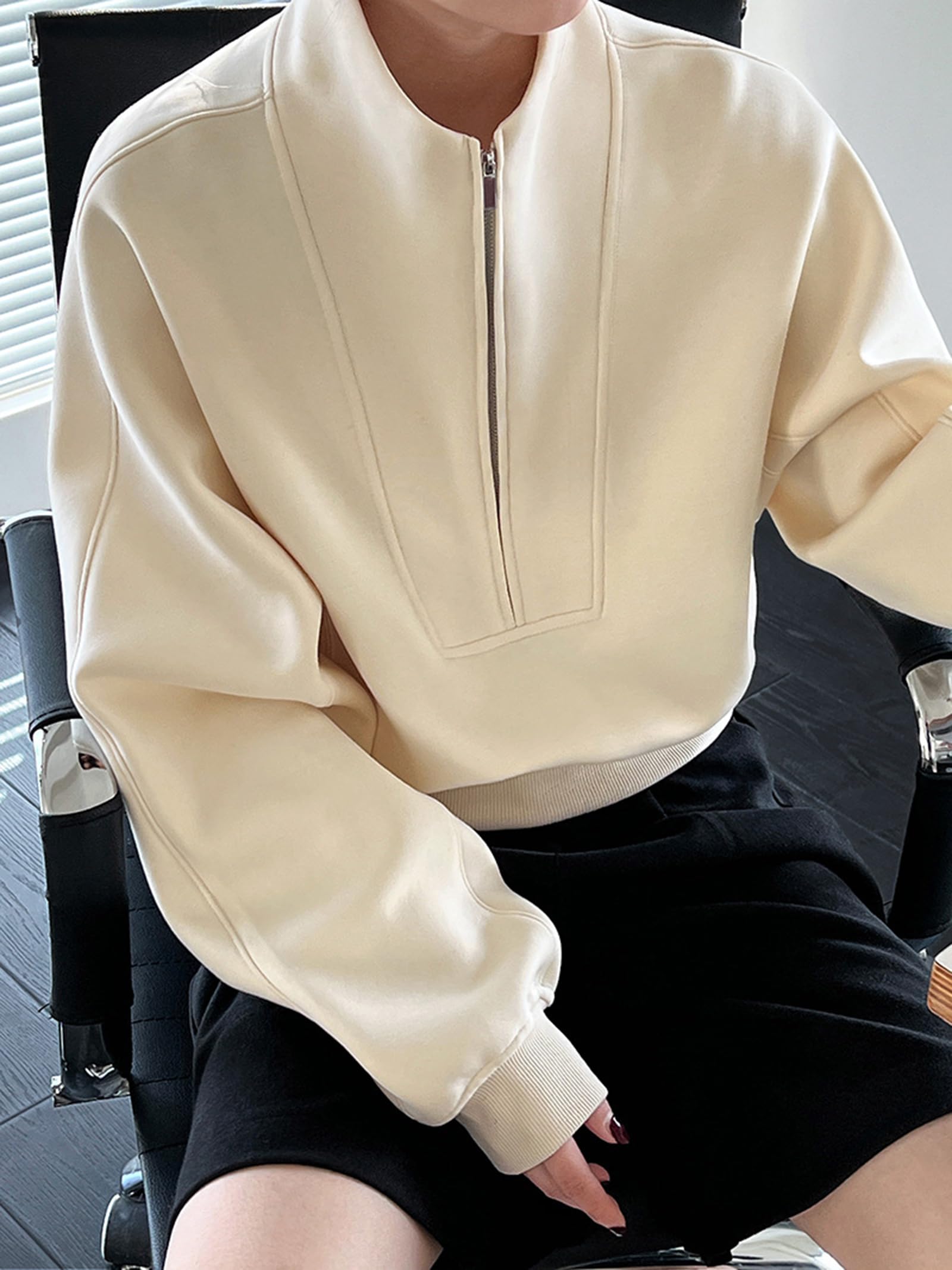 Damskie bluzy z półzamkiem Modny kołnierz stójka Długie rękawy Luźne bluzy na jesień
