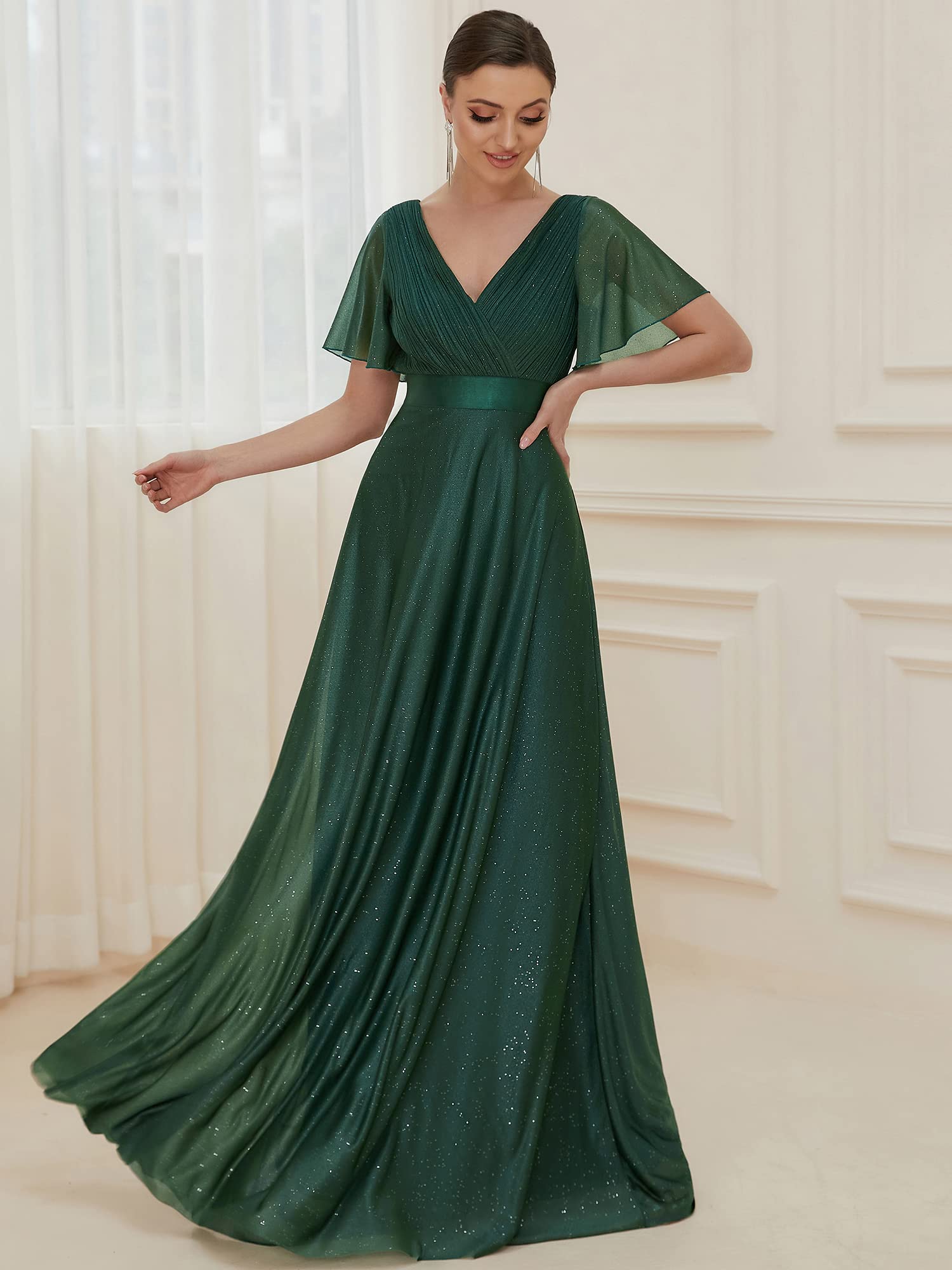 Ever-Pretty Vestido de Fiesta A-línea Largo para Mujer Escote en V Manga Corta Plisado con Lentejuelas Verde Oscuro 44