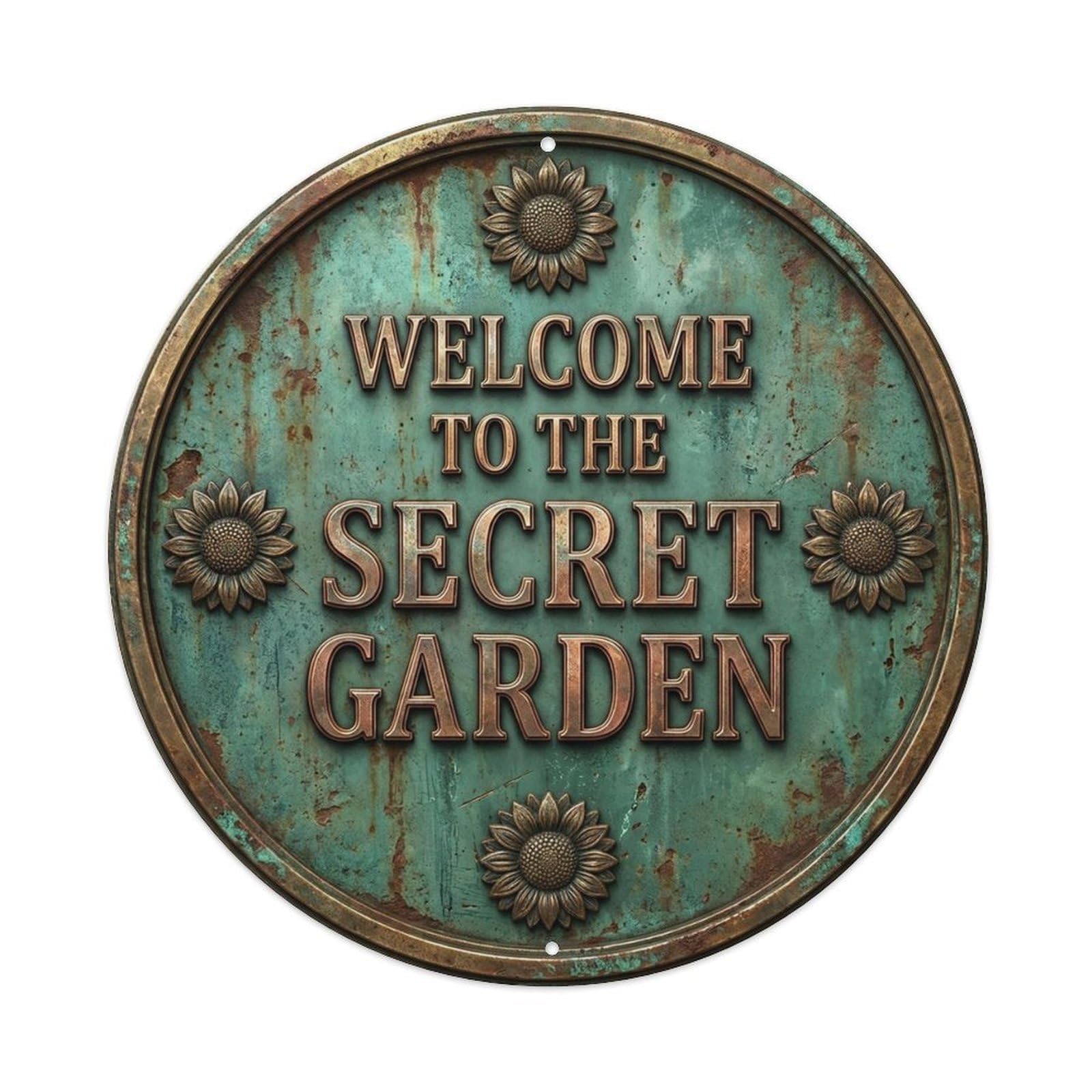 Vintage Welcome Secret Garden Bronze Sage Sunflower Metal Tin Sign