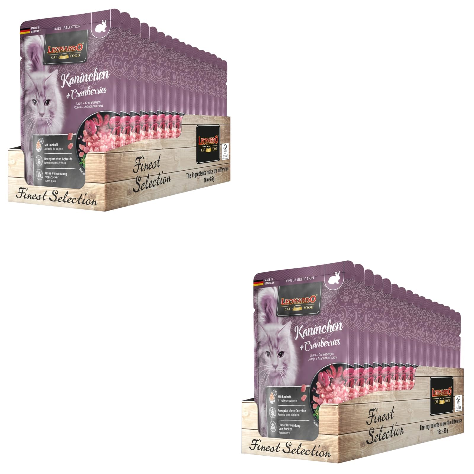LEONARDO Katzenfutter nass Kaninchen & Cranberries, 2X 16 Beutel à 85 g, Finest Selection, Nassfutter für ausgewachsene Katzen ohne Zucker und Getreide, bei Futterunverträglichkeiten