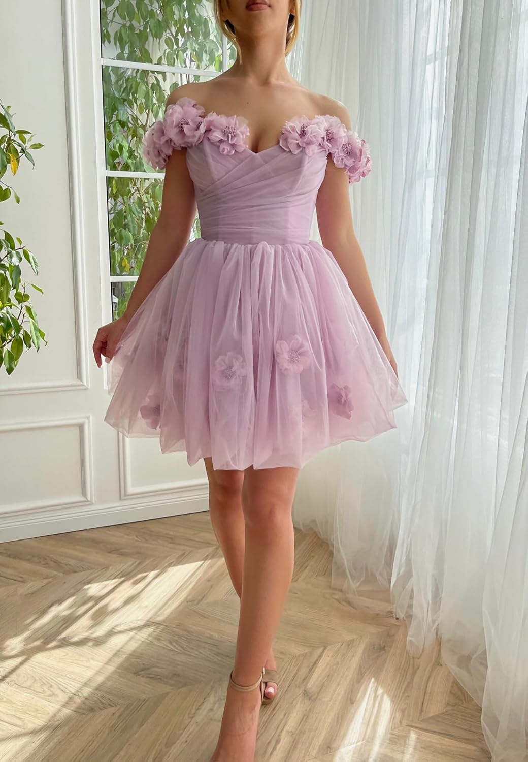 Off The Shoulder Tulle Short Homecoming Dresses for Teens Flowers A Line Cocktail Party Gowns