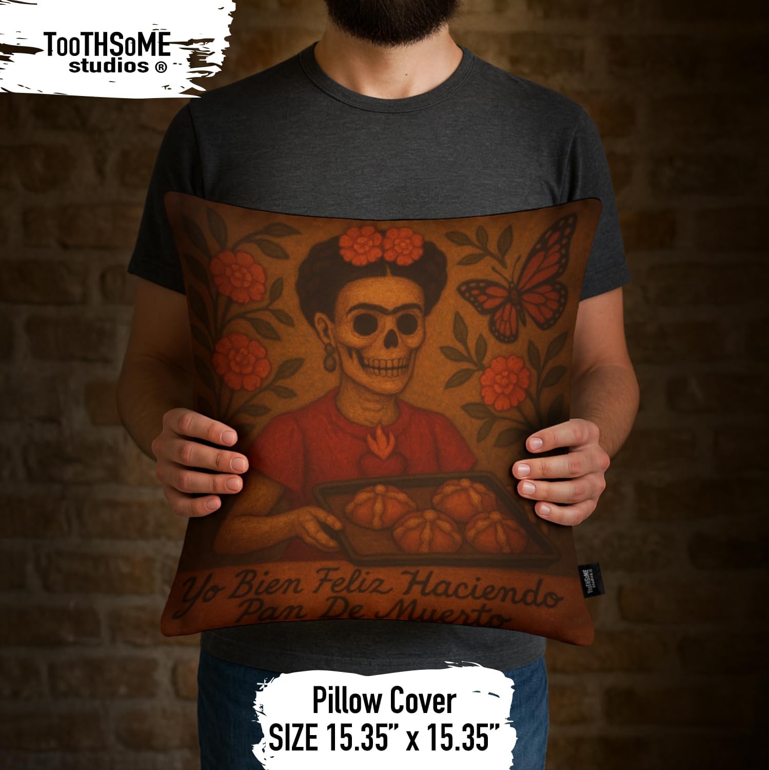 Frida 2-Pack Day of the Dead Throw Pillow Cases, 15.35 x 15.35 inches, (Insert/Filing Not Included), Dia De Muertos Lotería Theme, Colorful Plush Decor (2, DiegoYFrida,FridaHaciendoPan)