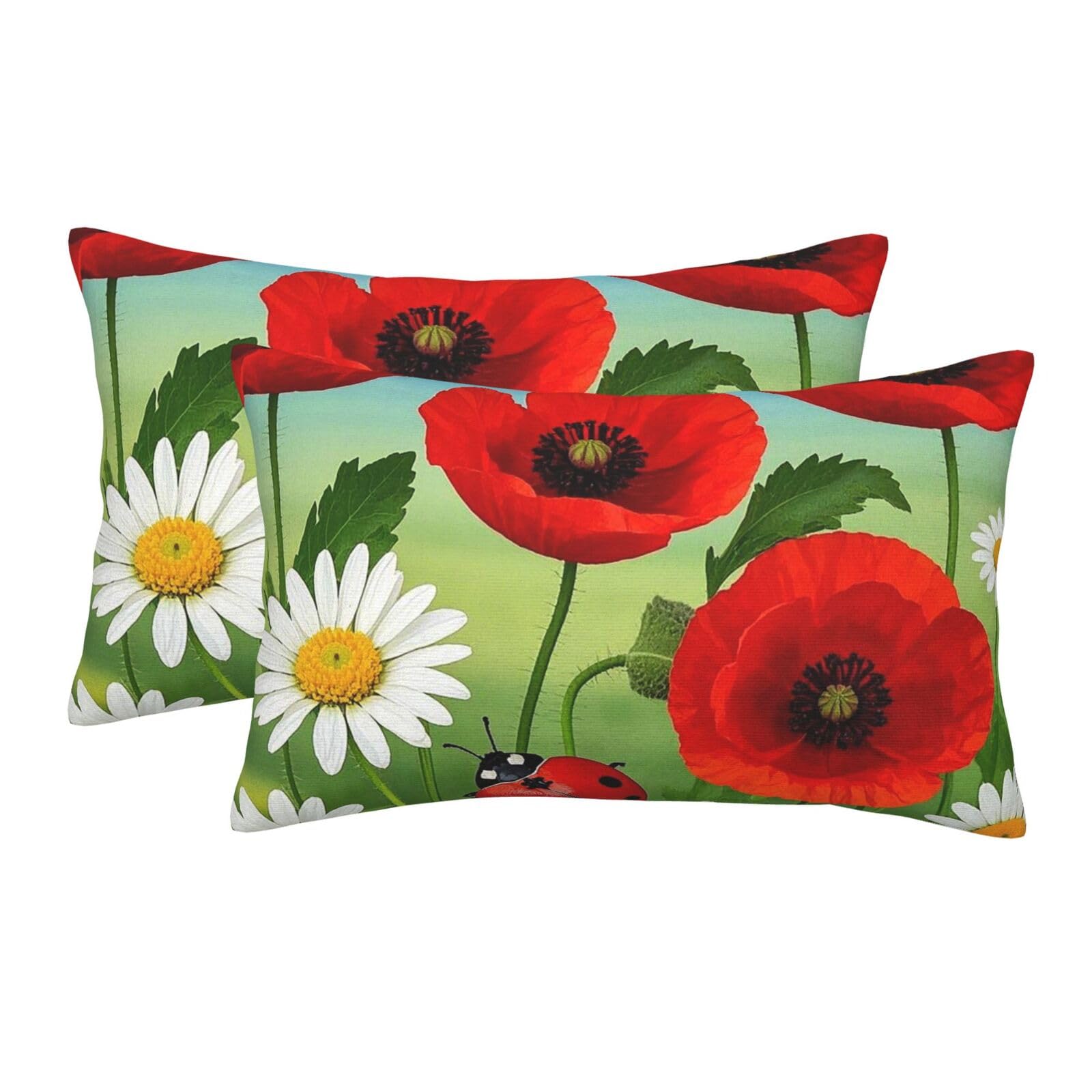 2 Pack Pillow Cases with Hidden Zipper, Soft Breathable Pillow Covers for Hair and Skin, Chamomile Ladybug and Daisy Pillowcases 16"x24" Bed Pillow Protectors Cover for Sleeping Gifts
