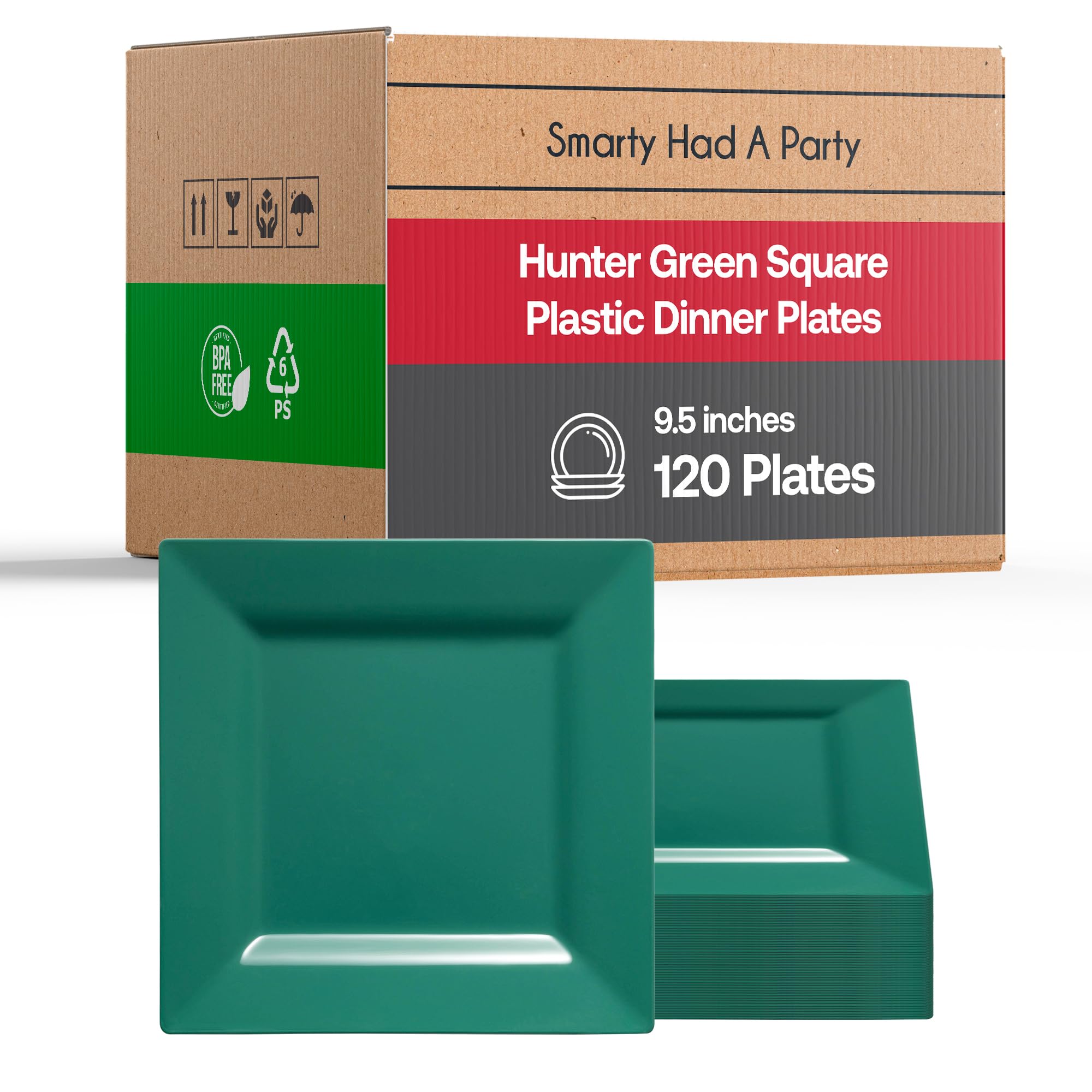 Disposable Plastic Plates - Heavy Duty Square Plates - Bulk Party Supplies For All Occasions (Hunter Green, 9.5" Dinner Plates (120 Plates))