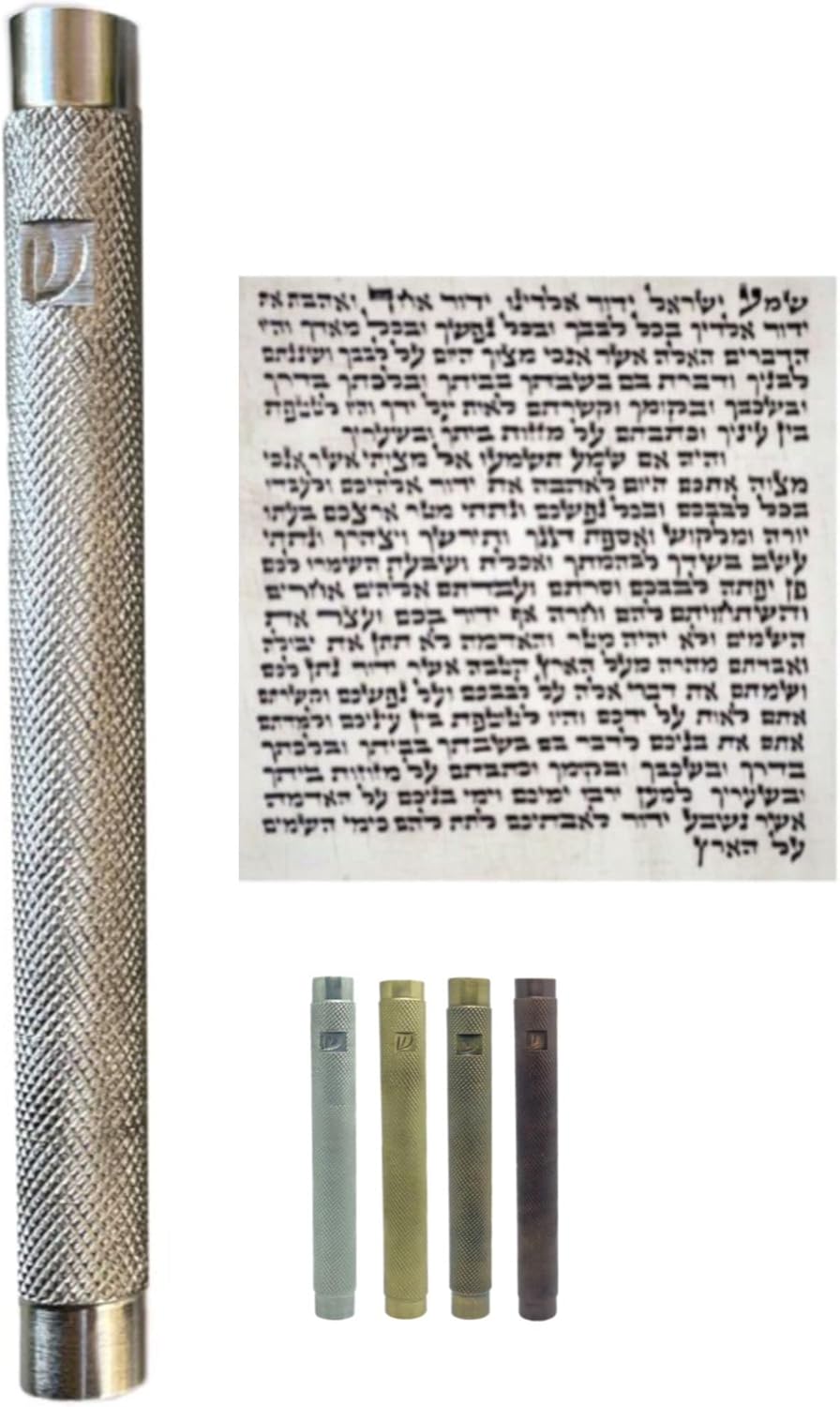 Brass Mezuzah Case with Scroll for Door Wetherproof mezzuza Cover Full Protection for Scroll Easy Installatioon Home Blessing and Protection (Brown/Knurling, 5 Inches)