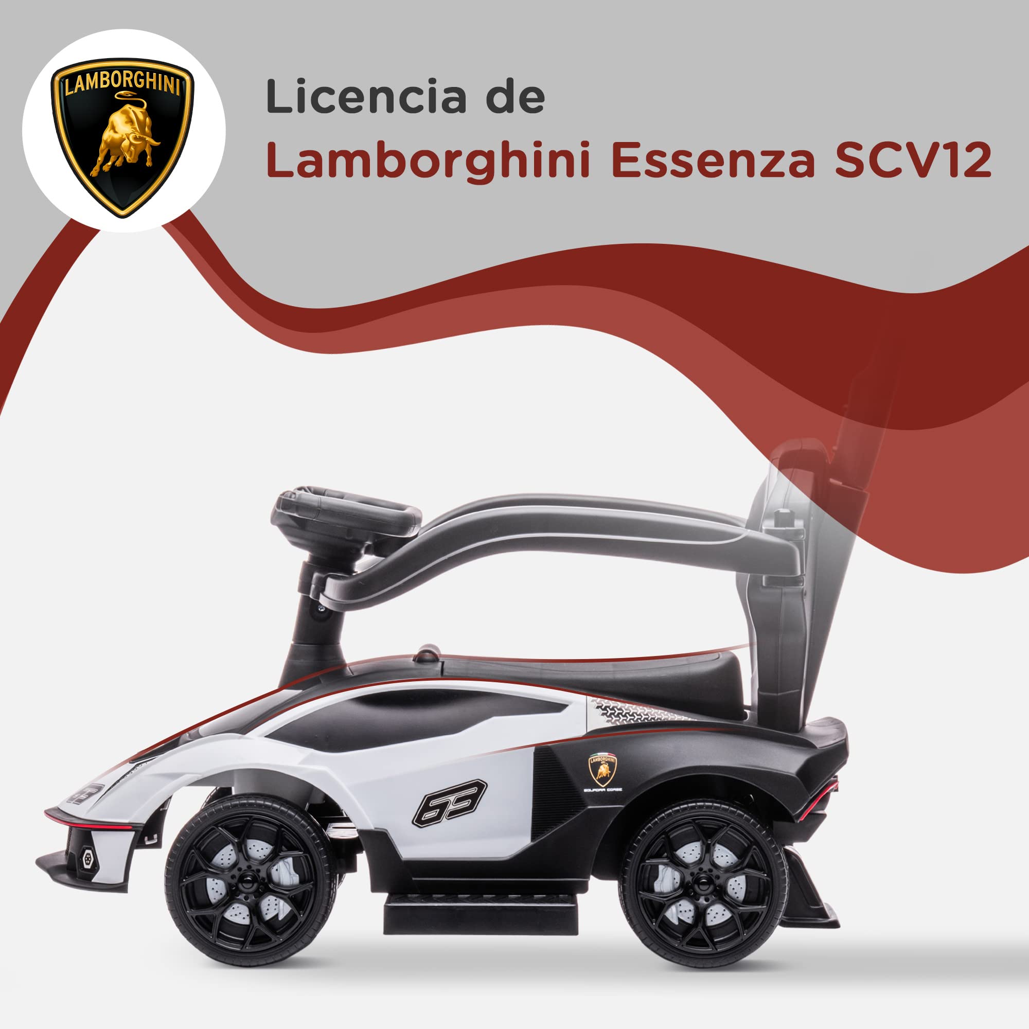 AIYAPLAY 2 en 1 Coche Correpasillos para Niños 12-36 Meses Lamborghini Essenza SCV12 Andador Empujador con Bocina Mango de Empuje y Barandilla Extraíbles 86,5x40x89,5 cm Blanco y Negro