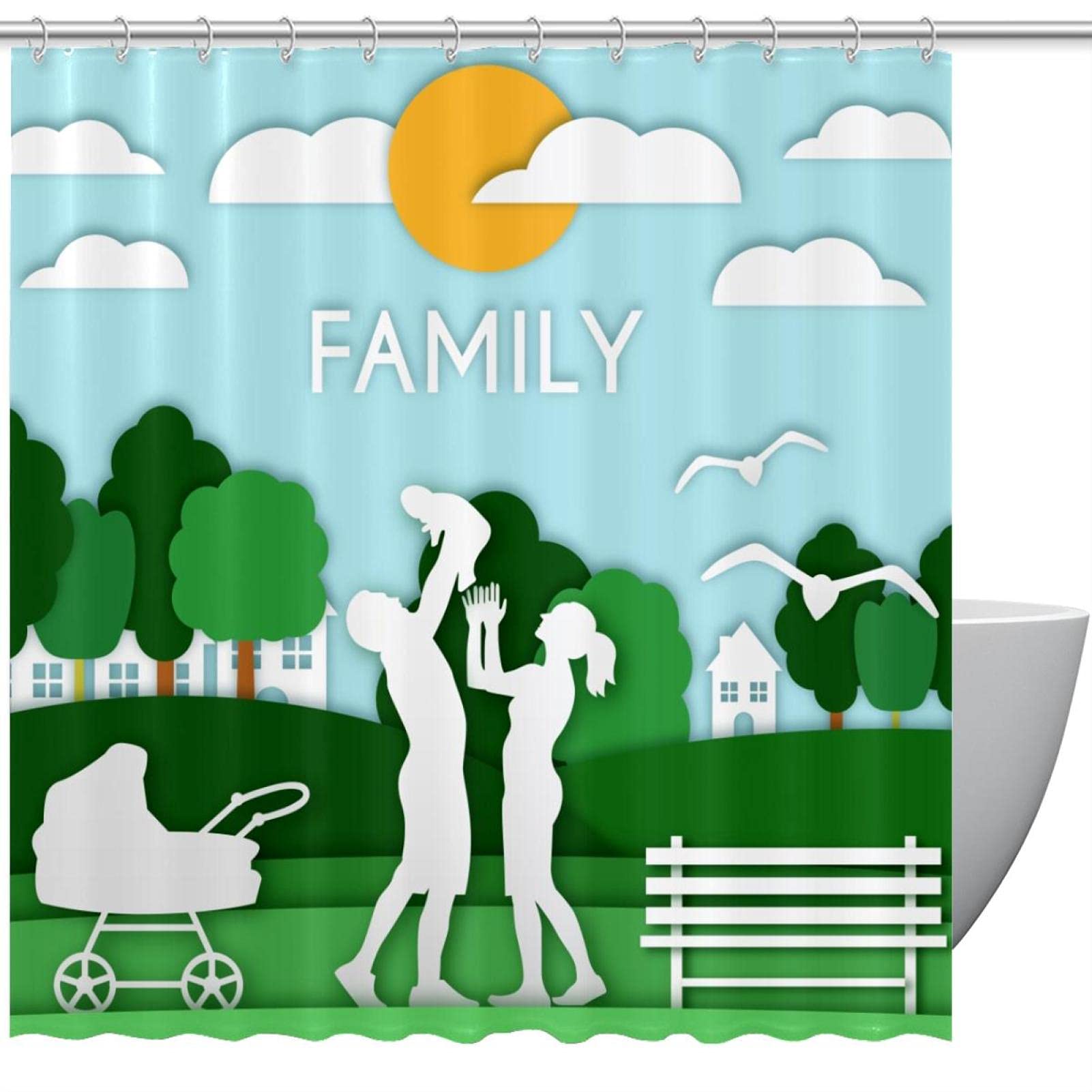 Rideau de douche vert en tissu illustrant le bonheur familial pour salle d'eau