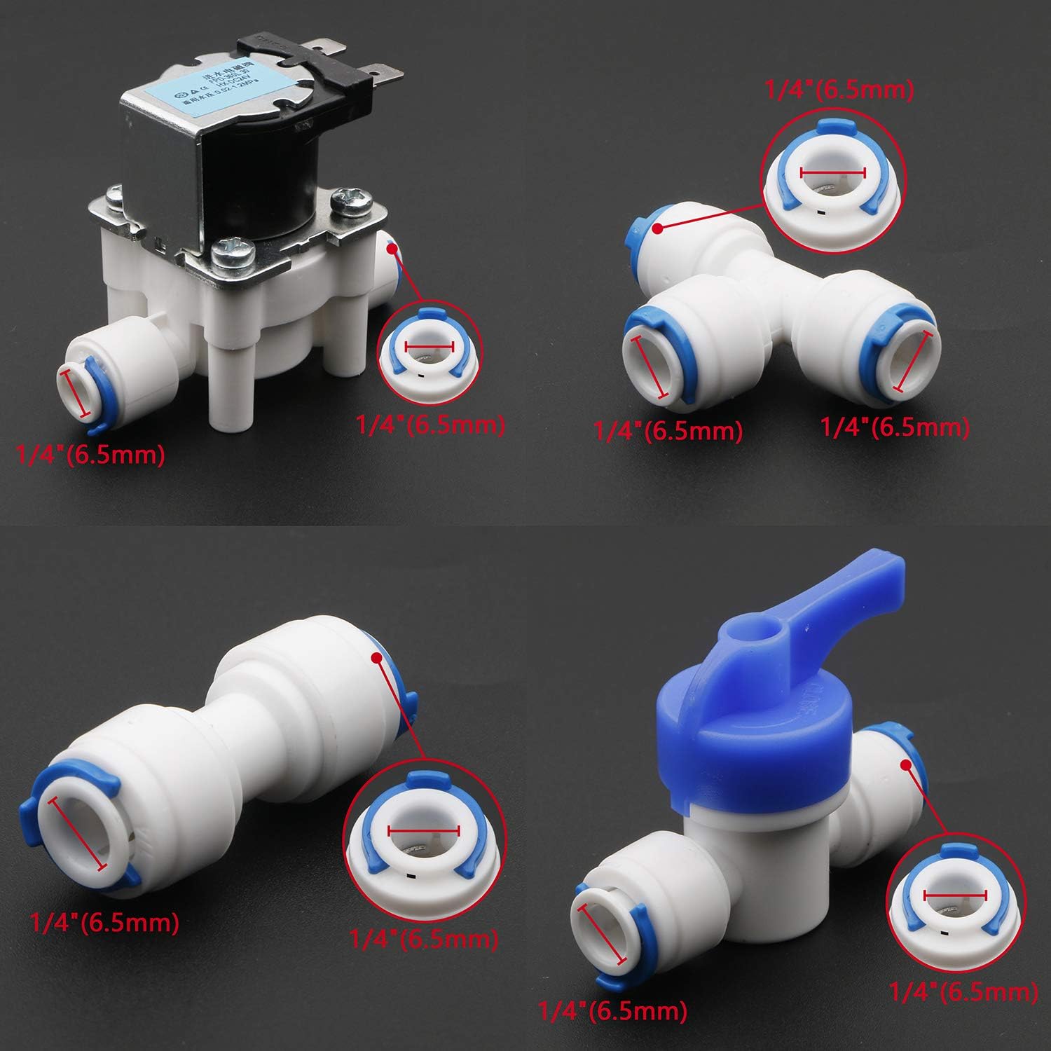 DC 24V 1/4 inch Inlet Feed Water Solenoid Valve | Quick Connect Water Inlet Flow Switch and Wire, Quick Connect Water Purifiers Tube Fittings, For RO Reverse Osmosis System