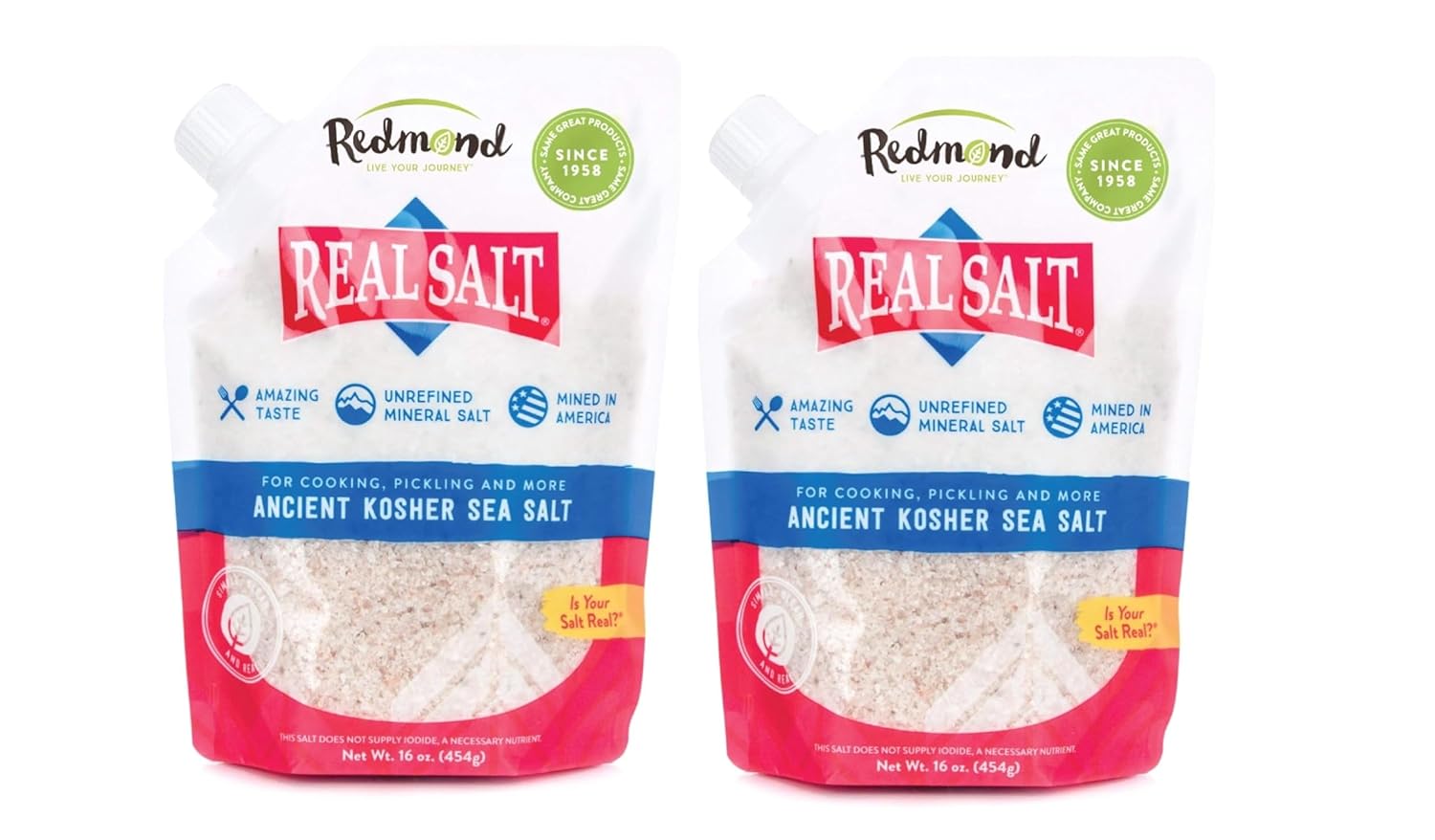 Redmond Real Sea Salt - Natural Unrefined Gluten Free Kosher, 16 Ounce Pouch (2 Pack)