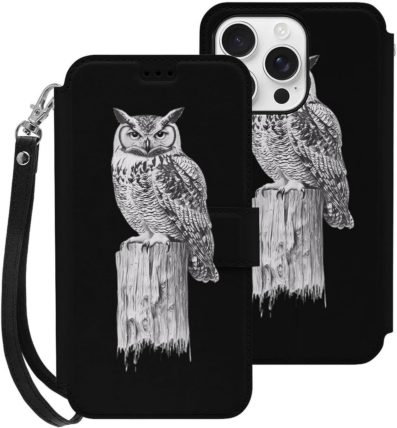 Hand-Drawn Owl Compatible with iPhone 16/16 Plus/16 Pro/16 Pro Max/16 E Case Phone Wallet Card Holder Flip Cover with Wrist Strap