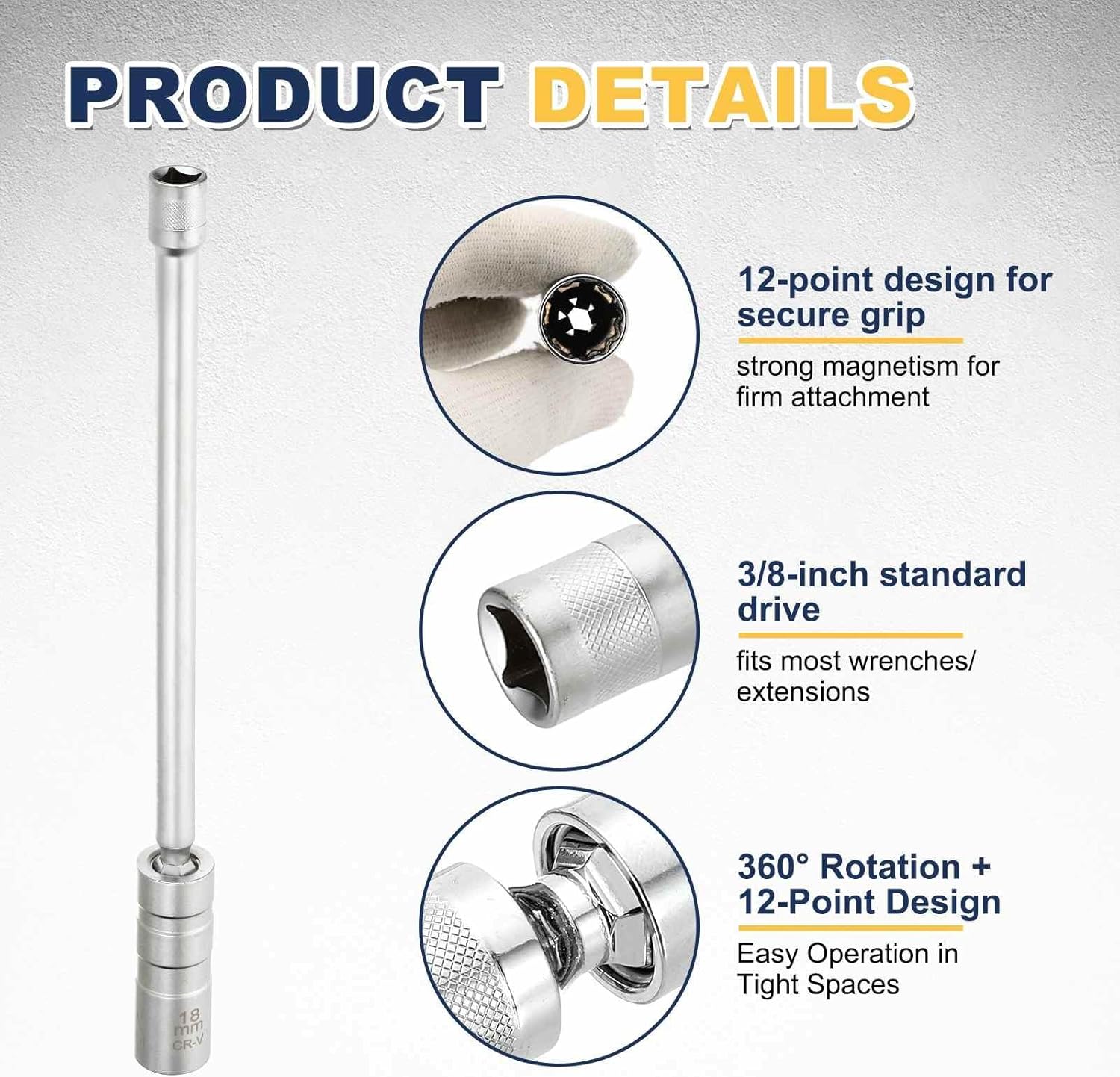 HARFINGTON 2pcs Spark Plug Socket Set 3/8" Drive 18mm Swivel Magnetic 12 Point Long Thin Wall Spark Plug Socket with 360 Degree Swivel CR-V Steel, Silver