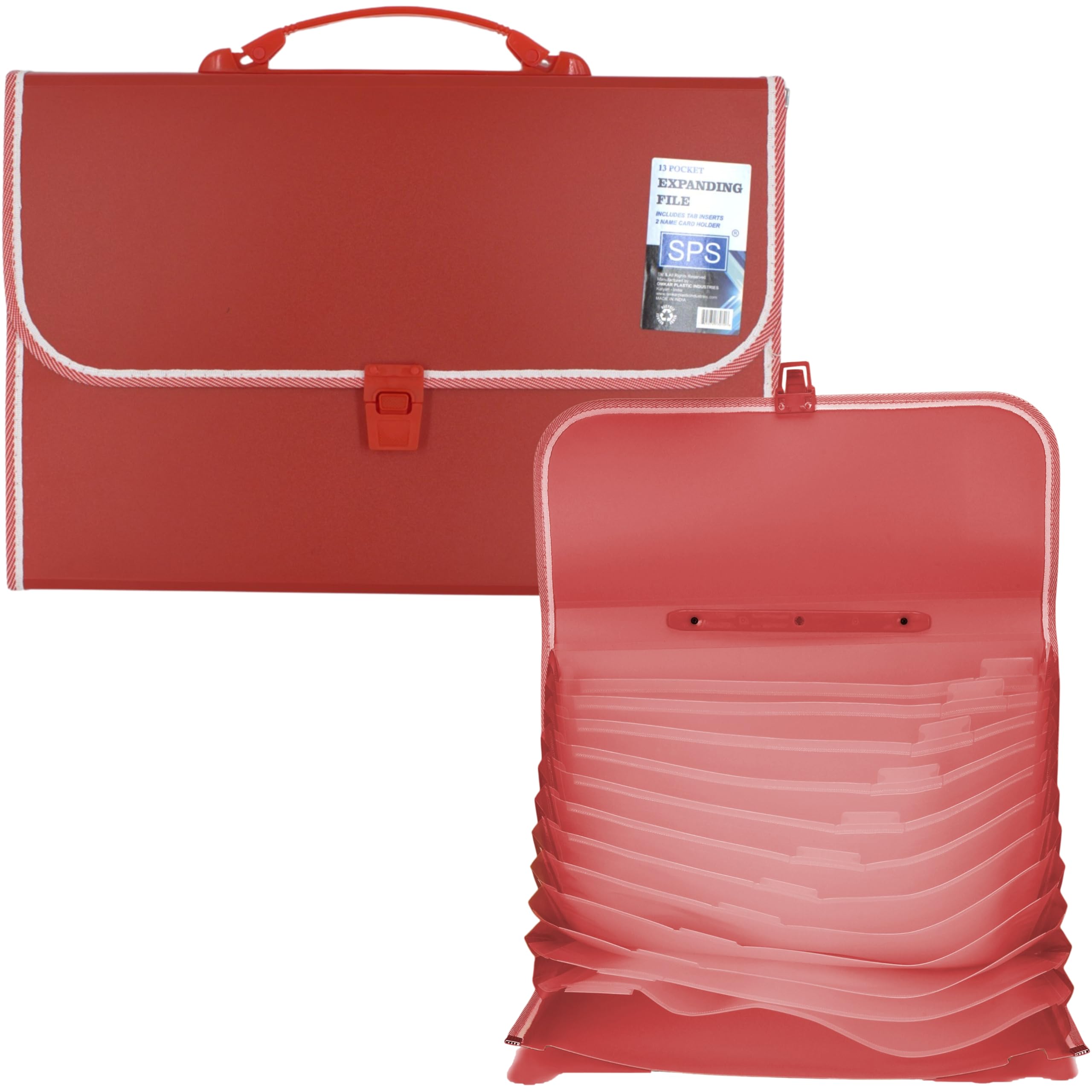 SPS Cartella portadocumenti espandibile con 13 tasche con chiusura a fibbia, indice etichette e maniglia per documenti A4/protocollo/legali (rosso)