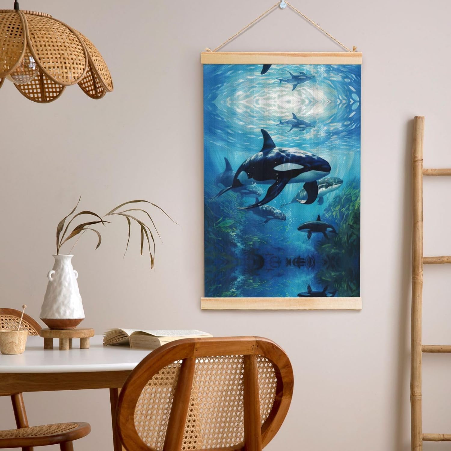 Killer Whales Swim Along Print Poster Hanger,Hanging Poster, Poster Frame,Wood Poster Hanger, For Wall Hanging