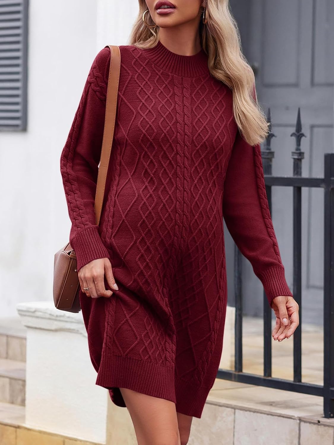Saodimallsu Womens Maternity Sweater Dress Cable Knit Sexy Bodycon Crew Neck Long Sleeve Fall Mini Sweaters Dresses