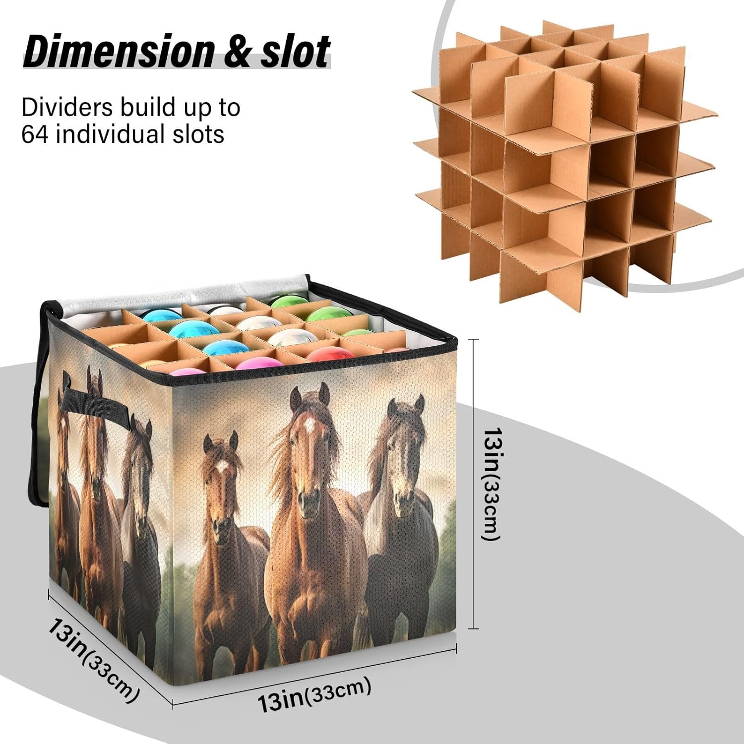 Horse 13 Inch Christmas Ornament Storage Box with Lid - Holiday Decor Storage Containers, Stores 64 Ornaments, 3 Inch Cube Compartments