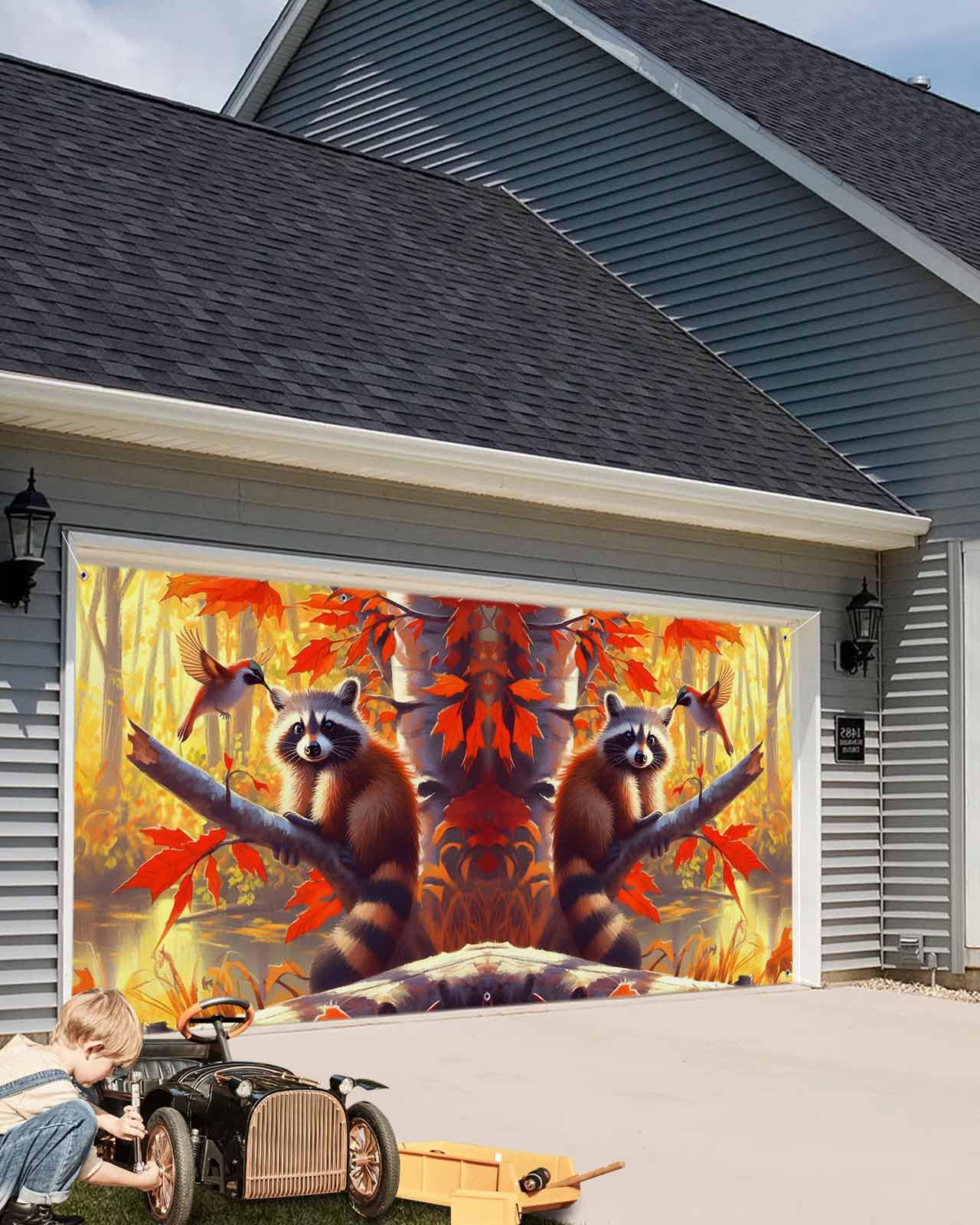 Majestic Lion Garage Door Cover – Autumn Wildlife Scene, 157x71 Inch, Outdoor/Indoor Decor For Fall Parties & Photos