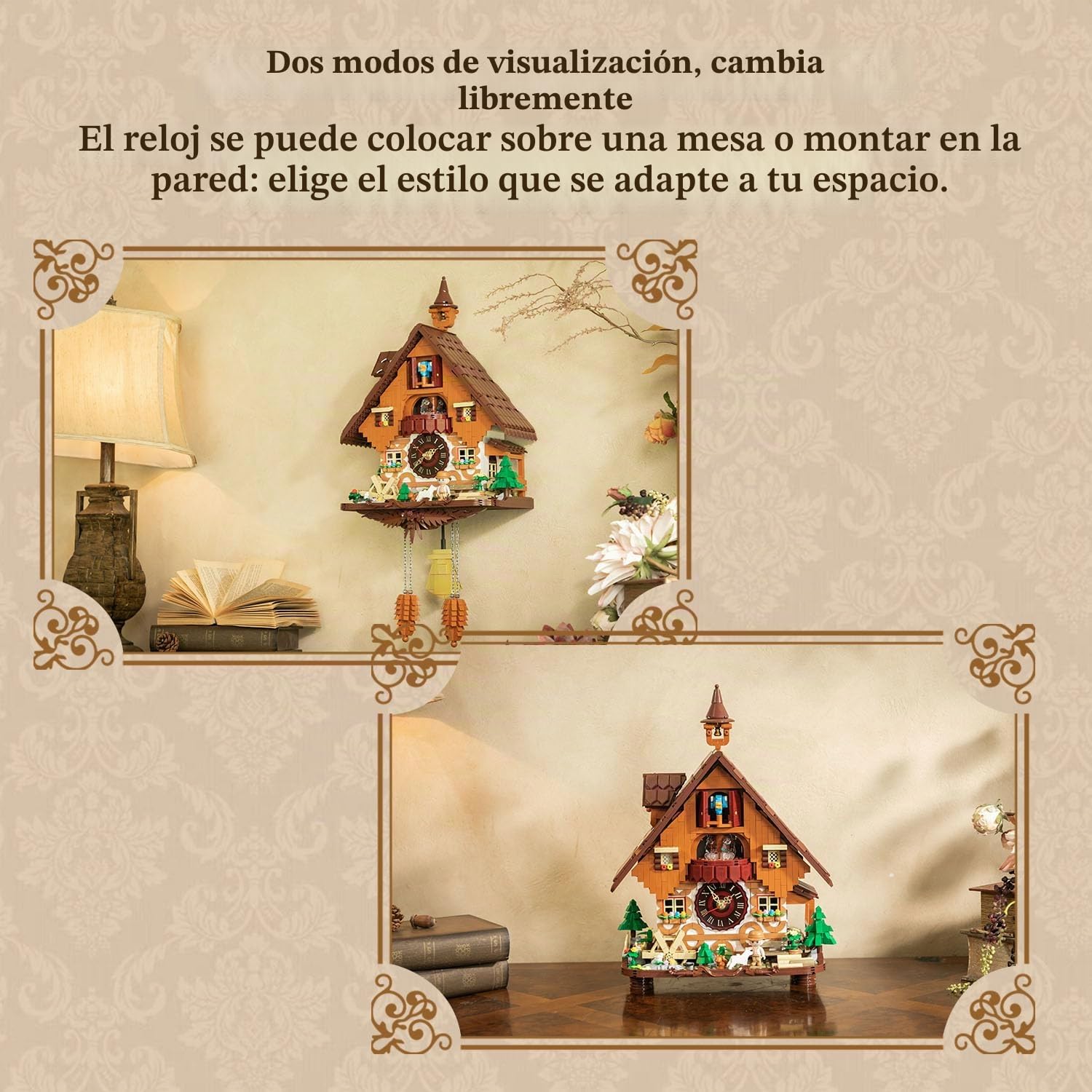 PANTASY Juego de bloques de reloj de cuco, diseño vintage chalet, reloj de pared mecánico con cuco motorizado, escenario giratorio y rueda de agua, perfecto para