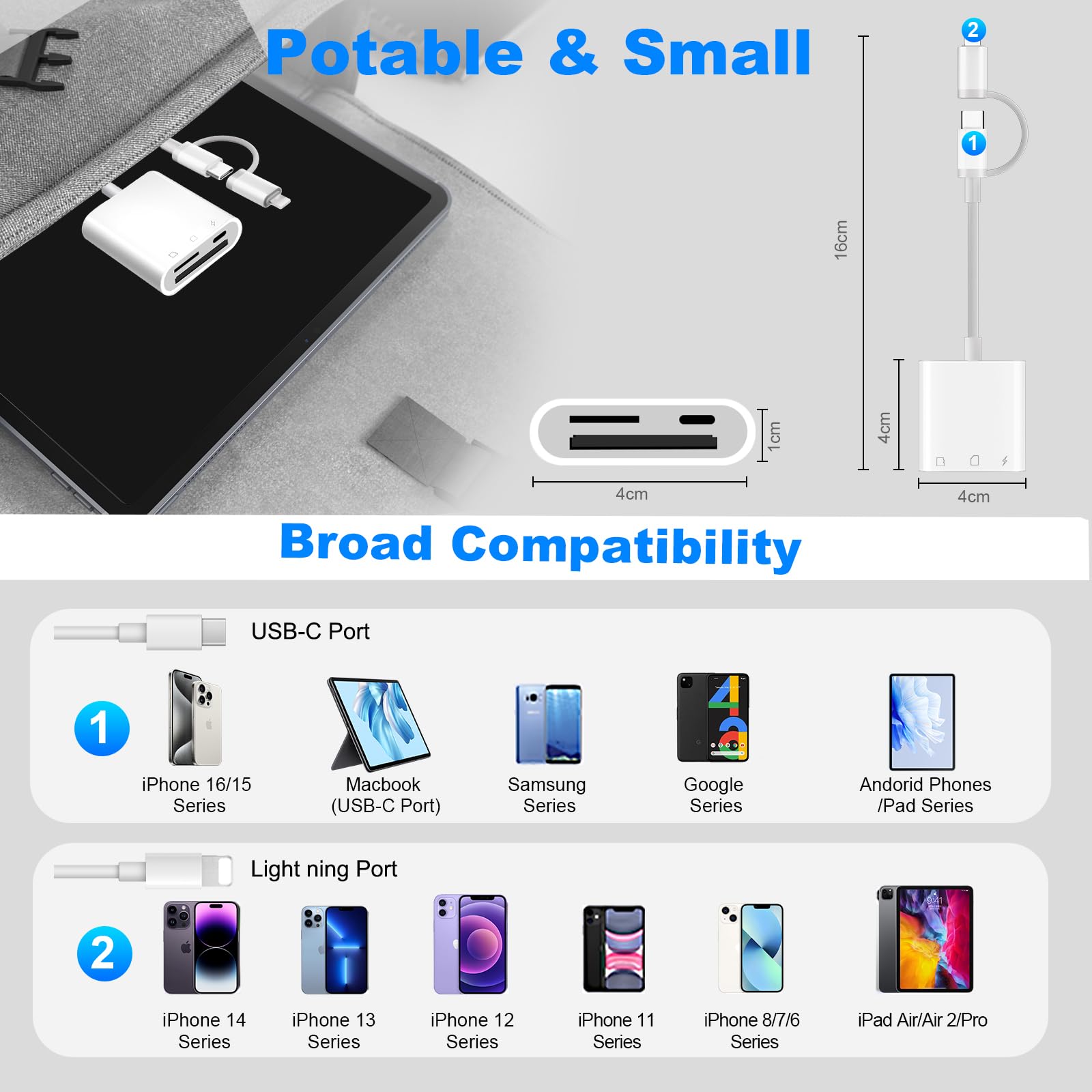 USB-cameraadapter voor iPhone iPad, [Apple MFi Certified], OTG-adapter, Gelijktijdig laden en kaartlezen, USB flash drive, U-schijf, toetsenbord, muis, hubs, MIDI, plug & play
