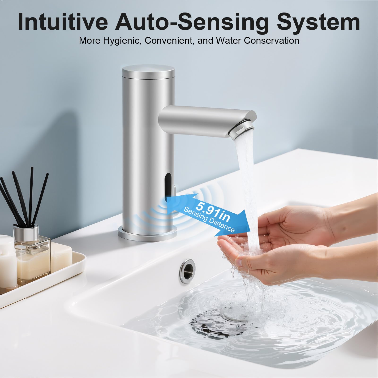 MINRS Rubinetto automatico con sensore a infrarossi, acqua fredda e calda, con sensore lavandino, rubinetto senza contatto, temperatura regolabile 0-55°C con 2 tubi, funzionamento a batteria