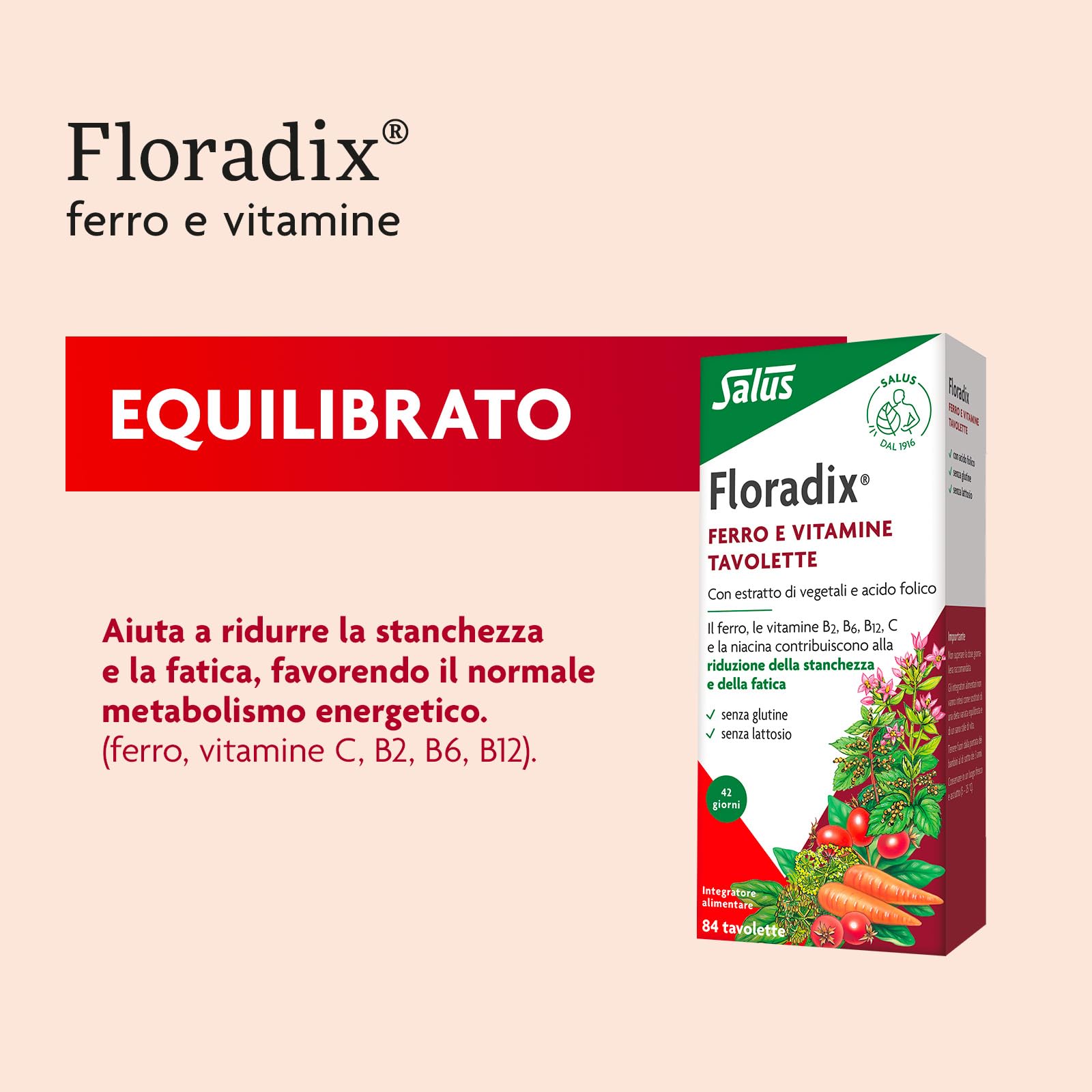 Salus Floradix - Integratore alimentare con Ferro e Vitamine per contribuire a ridurre la stanchezza e la fatica - 84 tavolette x 42 giorni