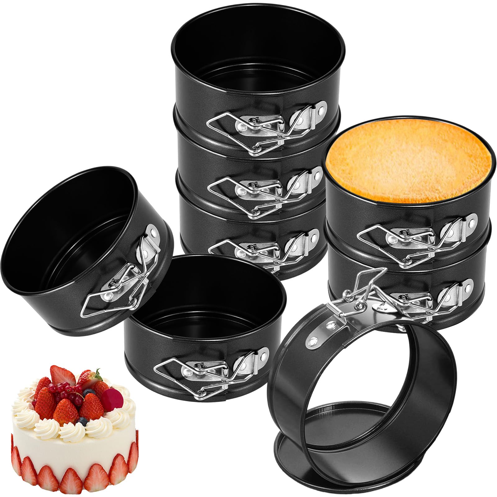 8 Teglia Cerniera con Fondo Rimovibile, 11cm Teglie Forno Cheesecake Stampi Dolci Mini Antiaderenti, Stampo Torta Tortiera Apribile Springform Rotonda Rivestimento Antiaderente per Torte, Pizze Quiche