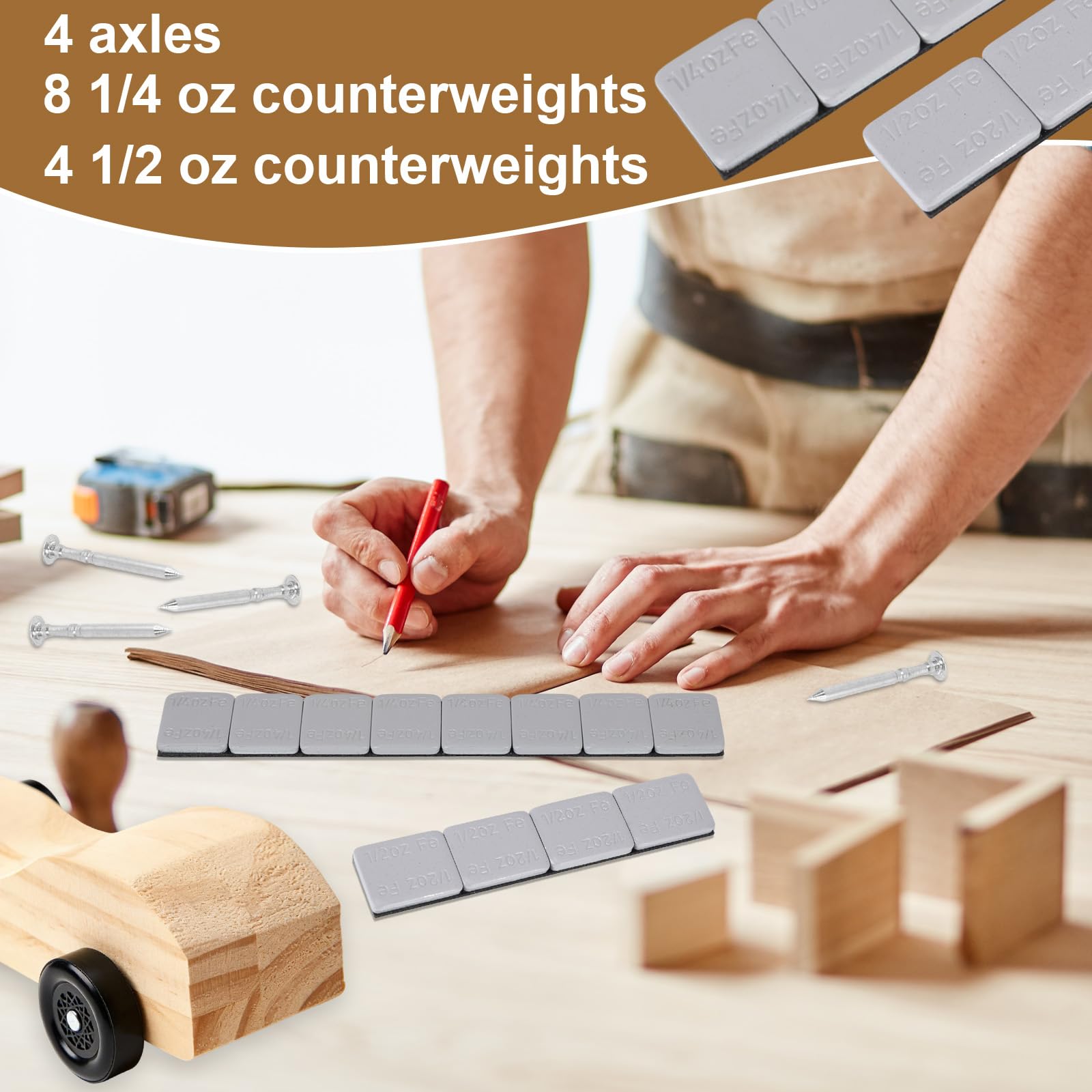 Axles and Weights Kit for Pinewood Derby Car, 4 Polished 2.54cm/1in Grooved Axles & 12 Racing Weights for Friction Reduction Zero Wobble & Center of Gravity Tuning (Gray) - 4