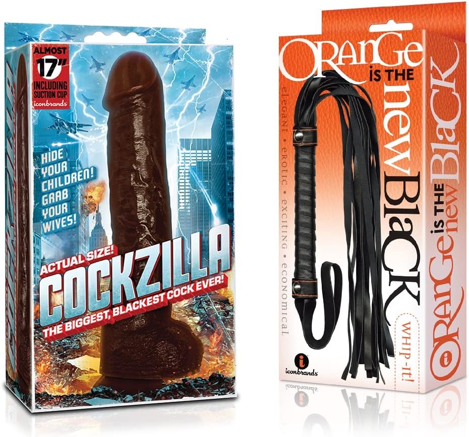 Sexy Gift Set of Cockzilla Nearly 17 Inch Realistic Black Colossal Cock and Icon Brands Orange is The New Black, Whip It
