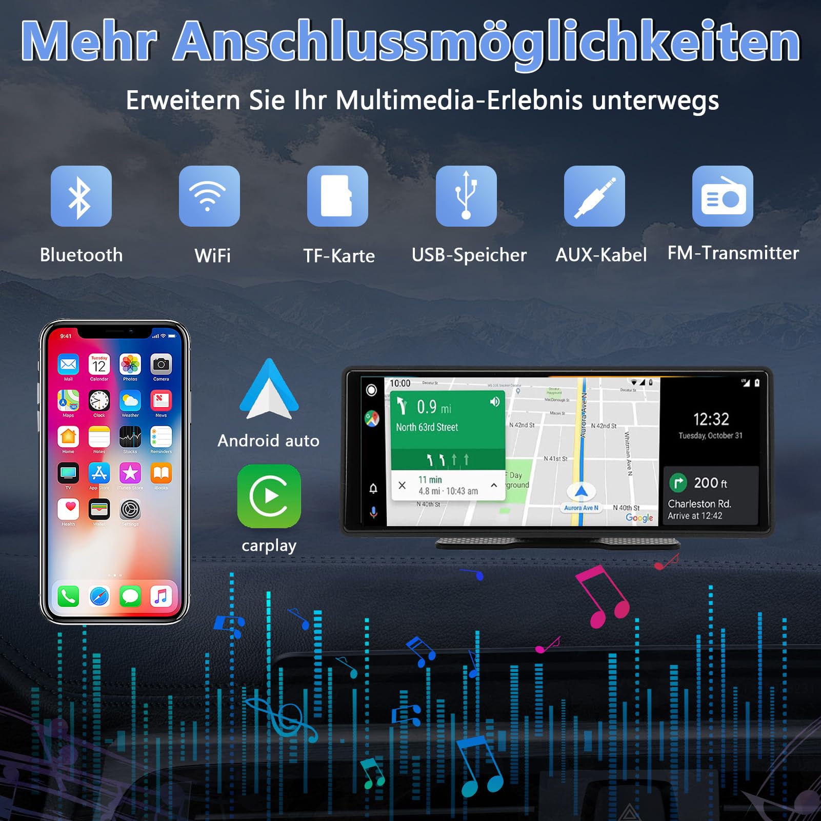 10,26 Zoll IPS Touchscreen Wireless CarPlay & Android Auto, 1080P HD Tragbares Autoradio mit WLAN, Bluetooth, Sprachsteuerung, AUX/FM Übertragung, Navigationssystem für Auto, LKW, Wohnmobil