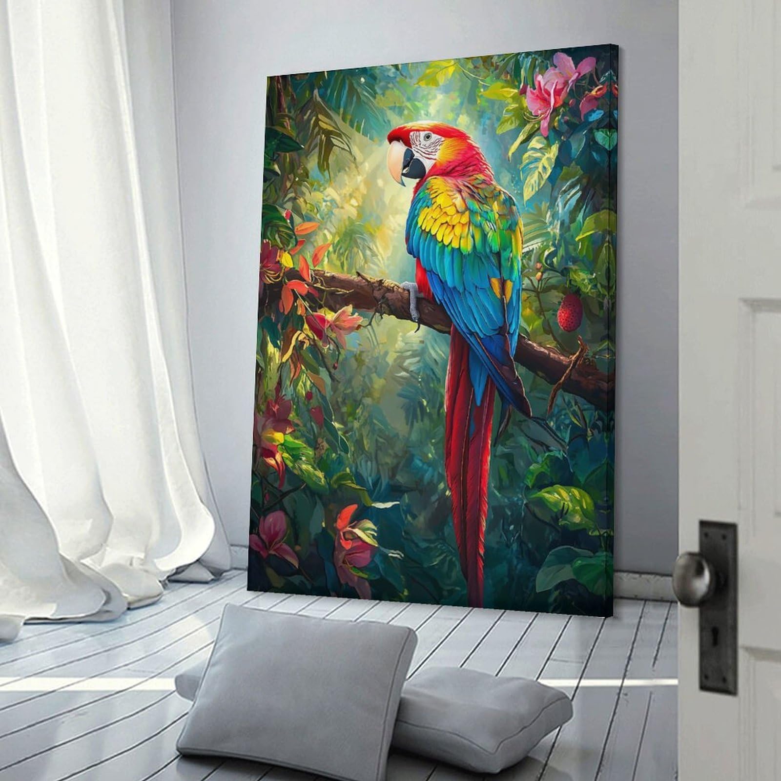 Junmoney Frame-Style Scarlet Macaw In Jungle Decorative Wall Artwork 20X30inch(50X75cm), For Corridors, Hallways Or Apartment Entries, Home Artwork For First Impressions