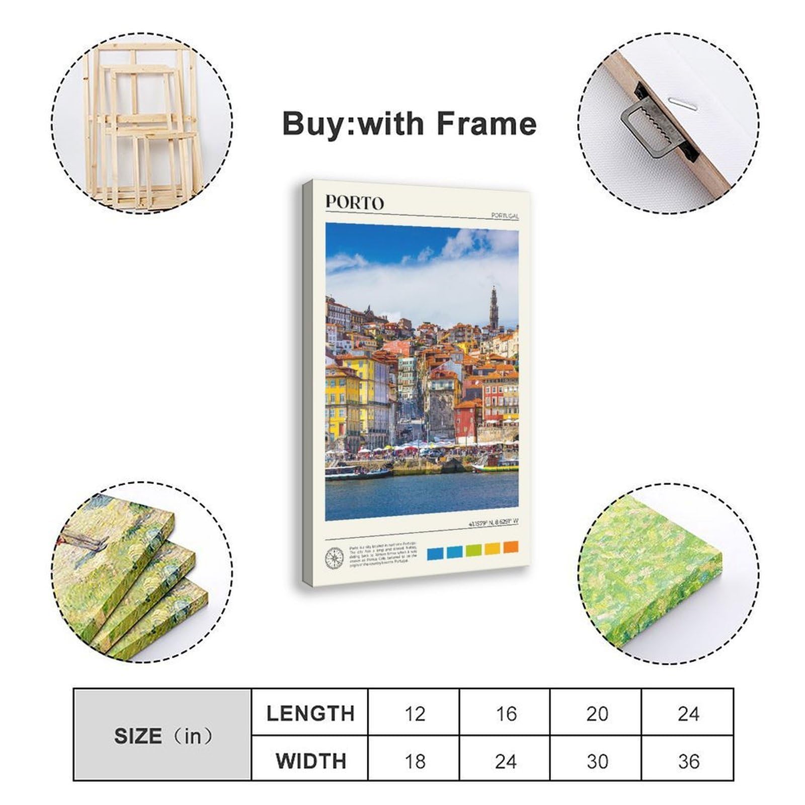 Echtes Foto, Poster, Kunstdruck auf Leinwand, Motiv: Porto, Dekoration für Schlafzimmer, Büro, Zimmer, Geschenk, 40,6 x 61 cm (L x B)